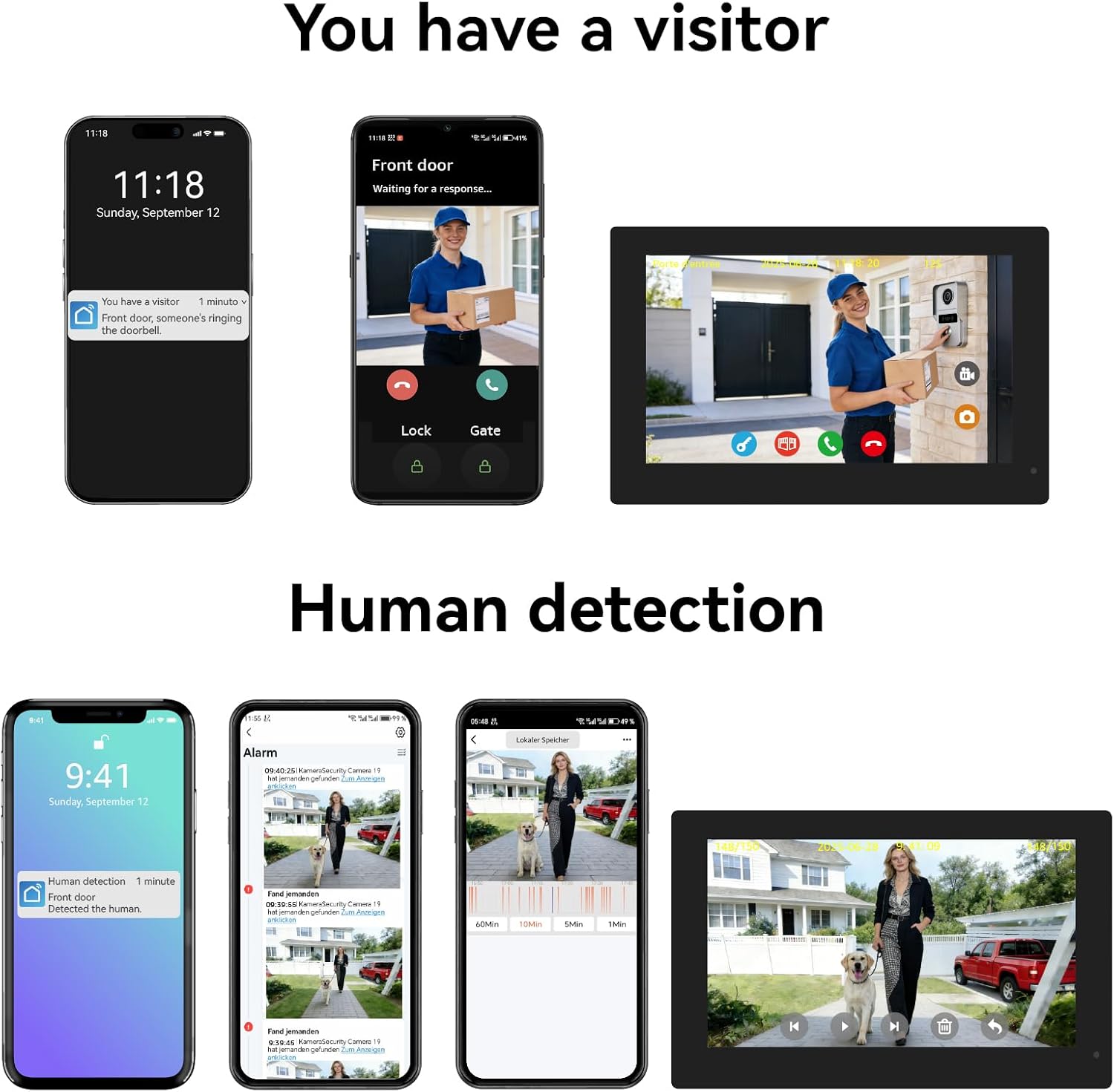 Wired Video Doorbell Apartment Intercom System, 1080P Doorbell Camera, 7-inch Touch Screen, Night Vision, Remote Unlock, Two-Way Intercom for Villa, Home, Office, with 1 Camera and 2 Monitors