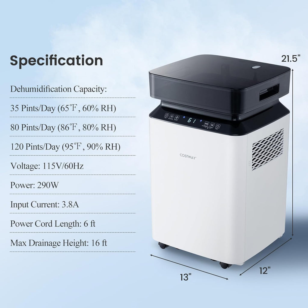 COSTWAY 120 Pints Dehumidifier with Pump, Easy Humidity Control, Multiple Drainage Options, 24H Timer & 2.2 Gal Water Tank, Dehumidifier for Basement, Home