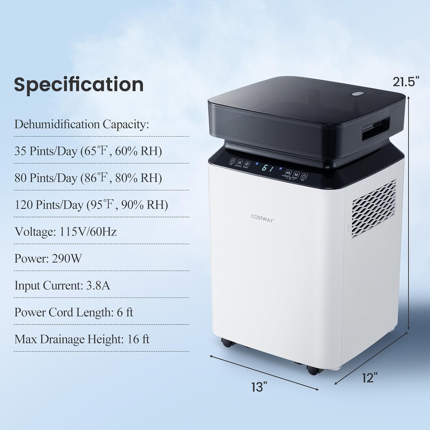 COSTWAY 120 Pints Dehumidifier with Pump, Easy Humidity Control, Multiple Drainage Options, 24H Timer & 2.2 Gal Water Tank, Dehumidifier for Basement, Home
