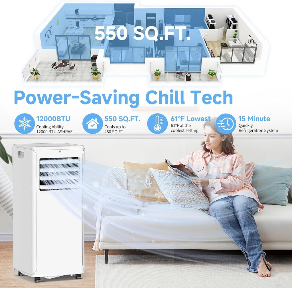 12000 BTU Portable Air Conditioner, 3-in-1 AC Unit with Dehumidifier & Fan Mode, Quiet Operation for Bedroom, Cools up to 550 sq.ft, 24-Hour Timer, Remote & Window Installation Kit Included