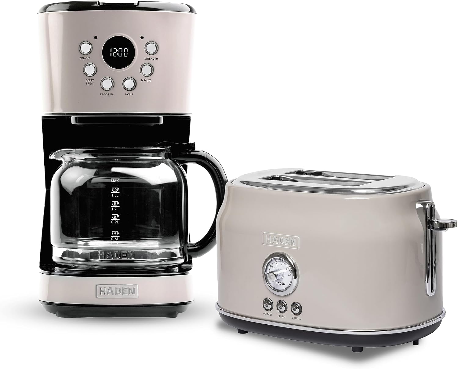 Haden 12 Cup Programmable Drip Coffee Maker Coffee Machine Bundled with Dorset 2 Slice Wide Slot Stainless Steel Toaster, Putty & Chrome