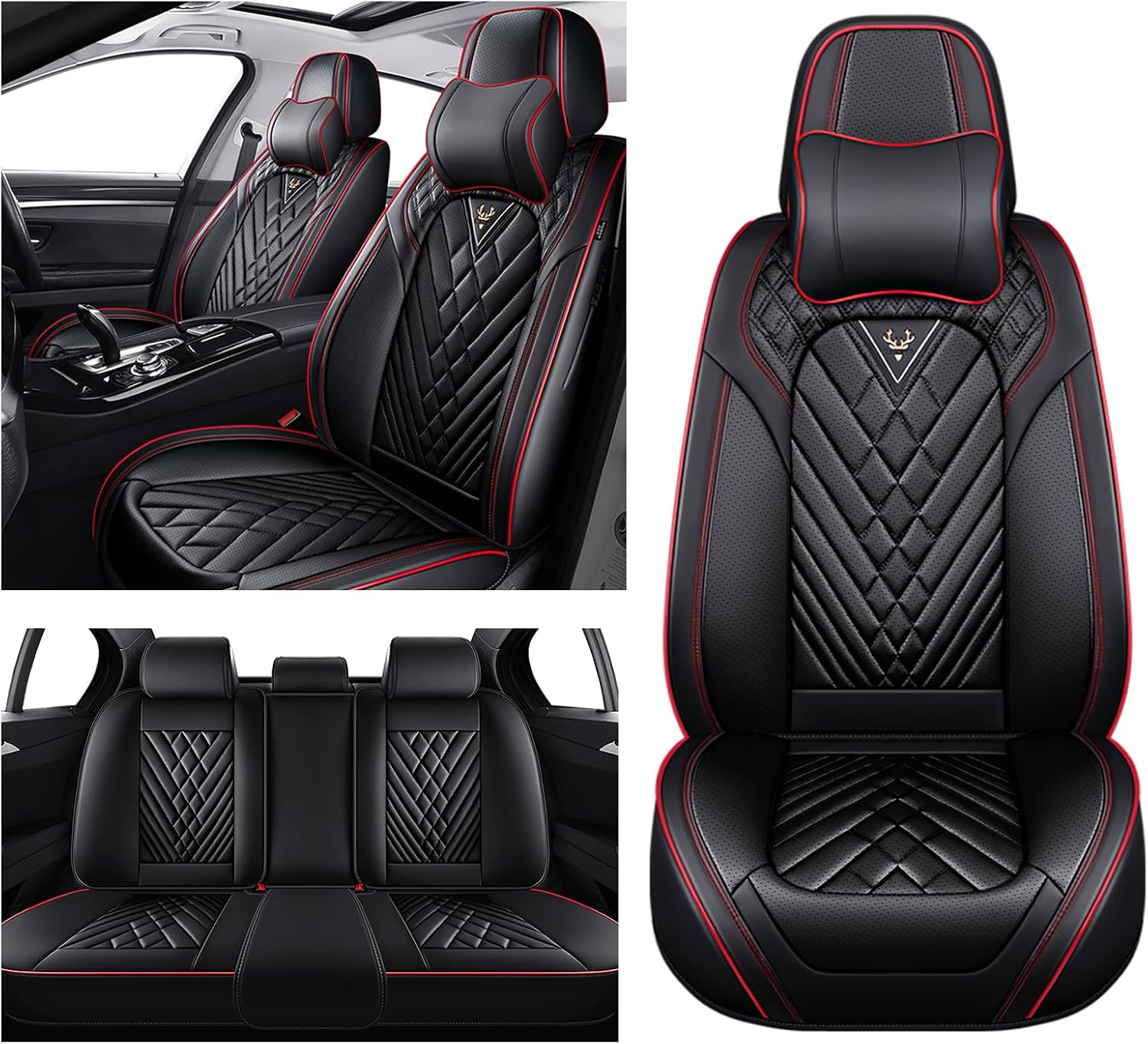 Car Seat Covers for Chevy Silverado 1500 2000-2026, Waterproof Nappa Leather Full Set Seat Cover with Headrests, Anti-Slip and Comfortable Automotive Seat Protector&Accessories(Black Red)
