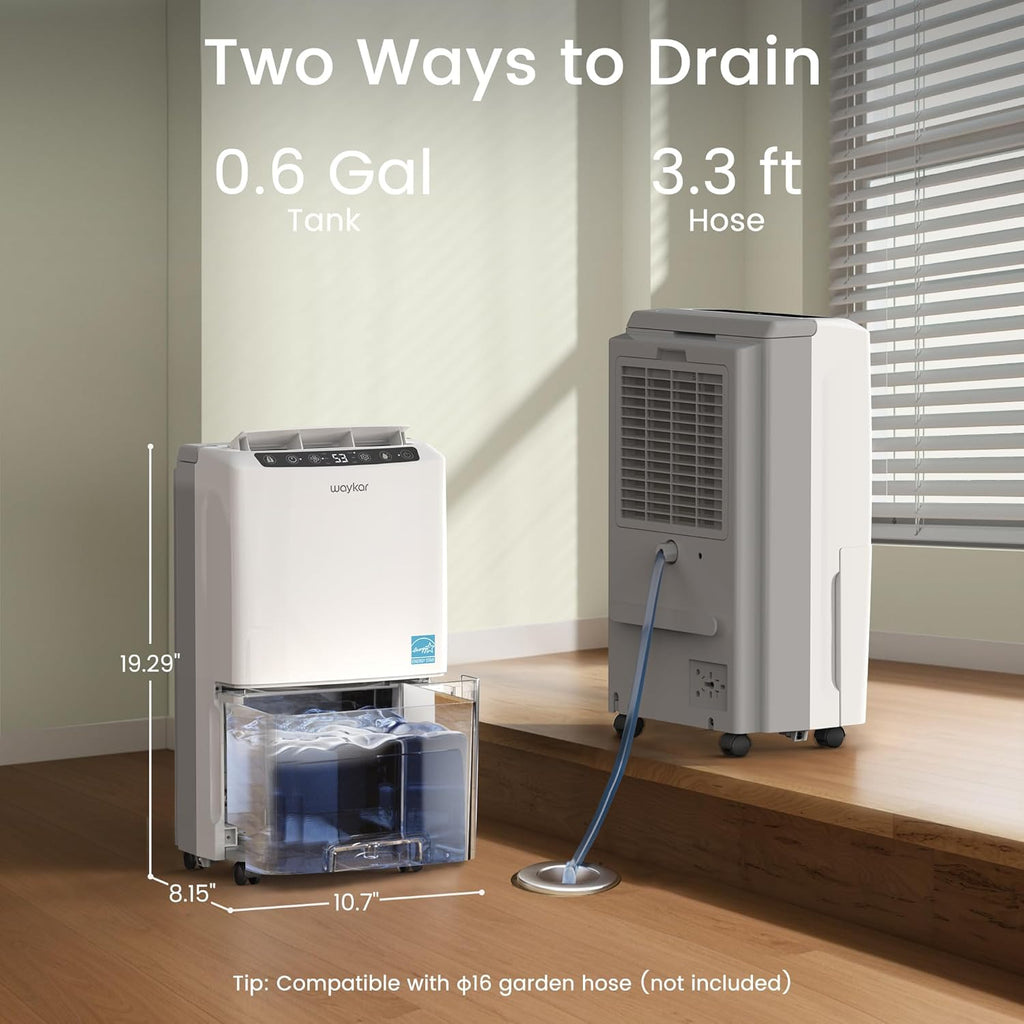 Waykar 34 Pints 2025 Most Efficient Energy Star Dehumidifier for up to 2200 Sq. Ft. for Home and Basement with Auto or Manual Drainage, Quiet 33dB Operation, 0.6 Gal Tank