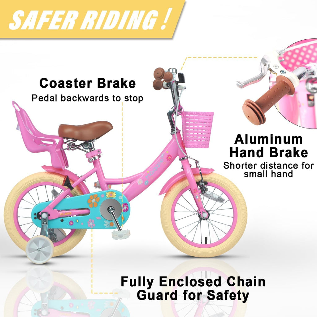 Glerc Maggie Girls Bike, 12-20 Inch Kids Bike for 2-13 Years Old Children, Princess Style Kids Bicycle with Doll-Seat & Basket & Training Wheels, Multiple Colors