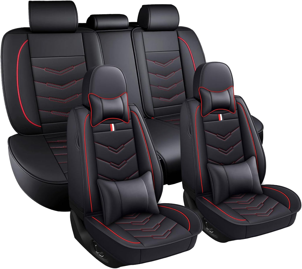 Car Seat Covers Fit for Buick Enclave 2008-2025, Leather Seat Covers for Car, Waterproof Non-Slip Durable Car Seat Protector(5 Seats with Pillow,Black Red)