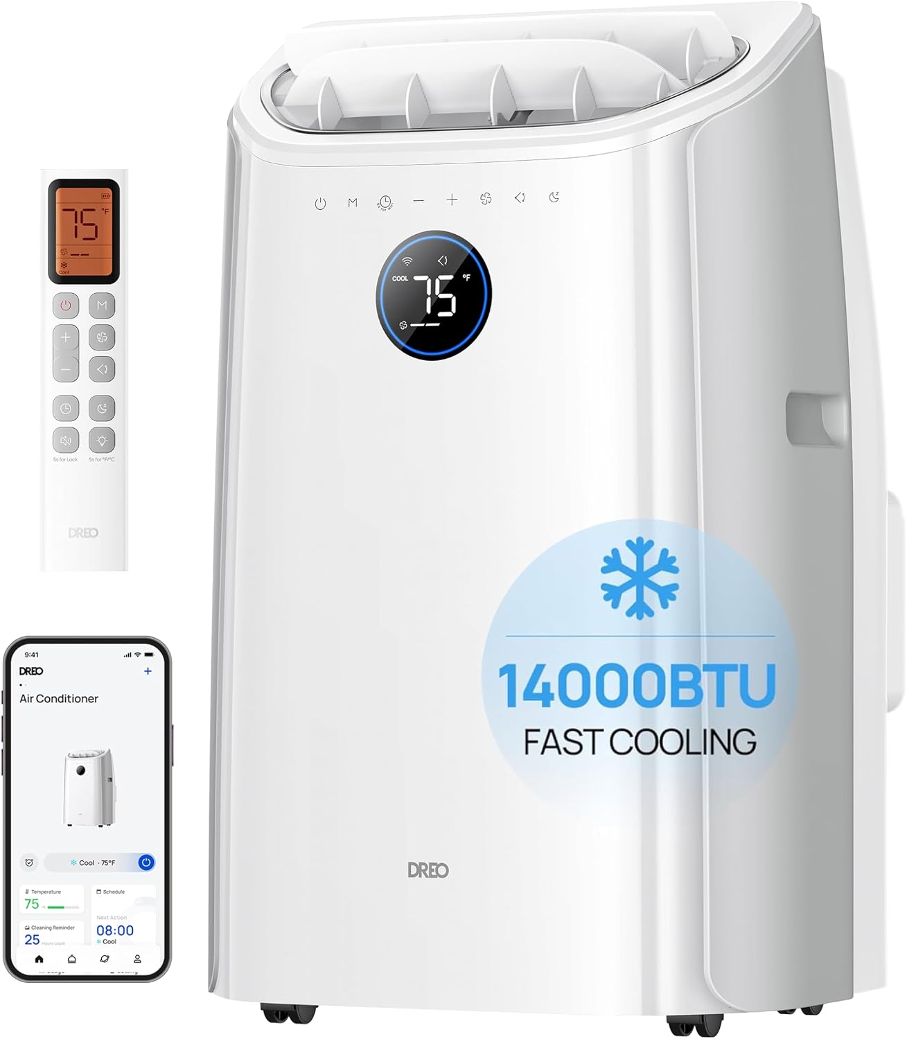 DREO Portable Air Conditioner 516S, 14000 BTU ASHRAE (10000 BTU DOE) Smart AC Unit for Bedroom with Drainage-free Cooling, Fan&Dehumidifier 3 in 1, APP/Voice/Remote, Quiet Standing AC for Room Indoors