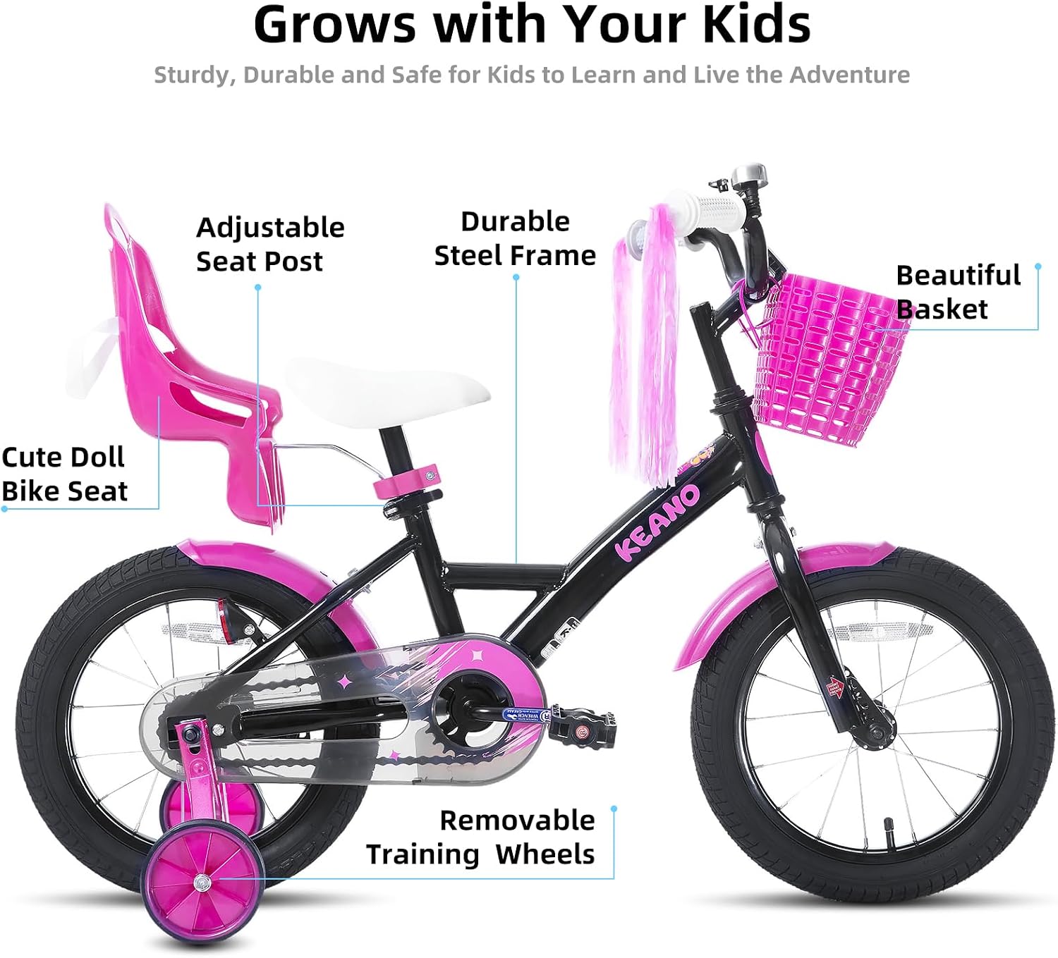 KEANO Zinnia 14 16 20 Inch Kids Bike for Girls Ages 3-10 Years, Girls' Bikes with Training Wheels, Streamers, Basket and Doll Seat, Children Bicycles