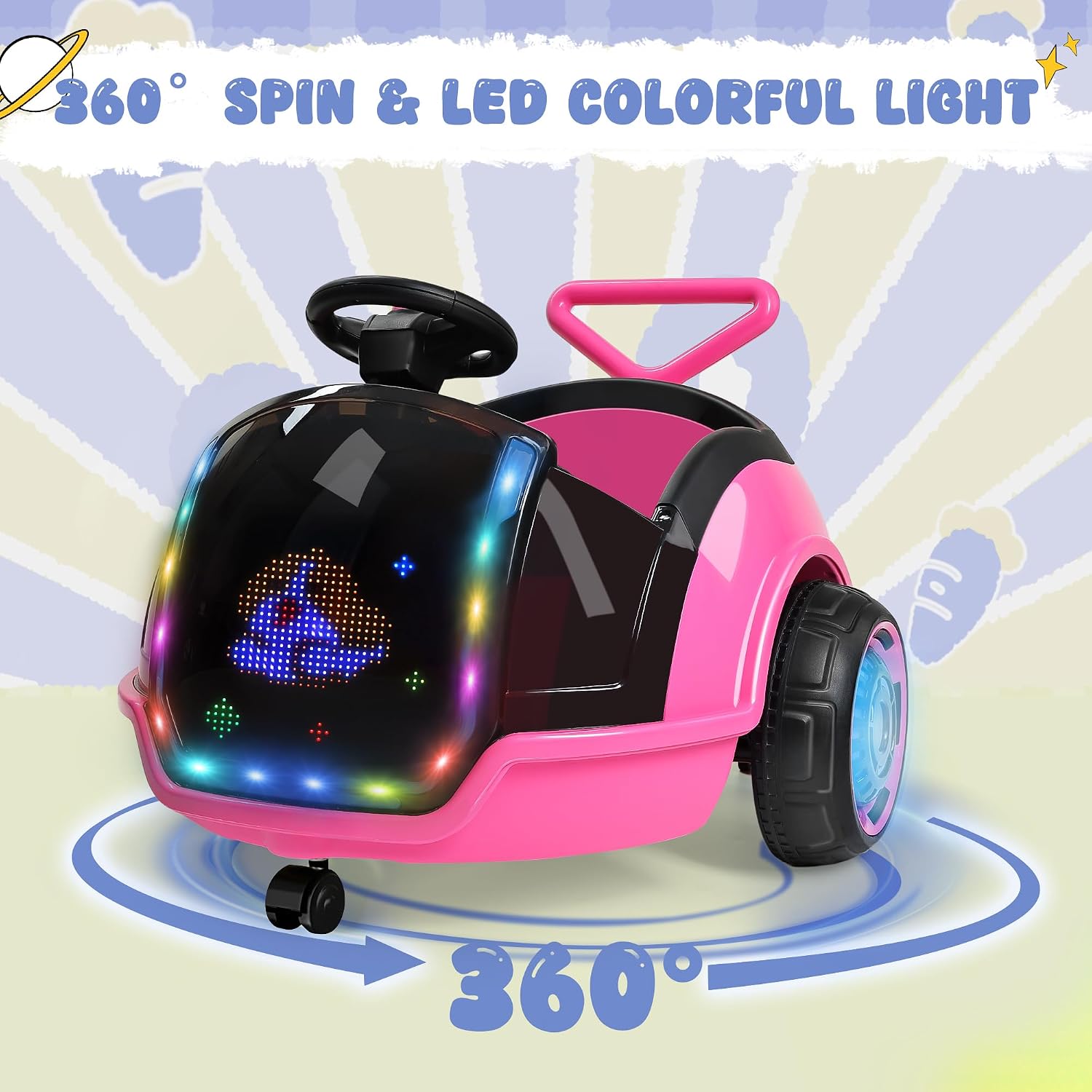 ANPABO 3-in-1 Electric Push Ride On Car, 12V Kids Ride On Toy w/Remote Control, 360° Spin, LED Display, 5-Point Safety Belt, Colorful LED Light, Music Player, Push Car for Toddler Ages 1-3 (Pink)