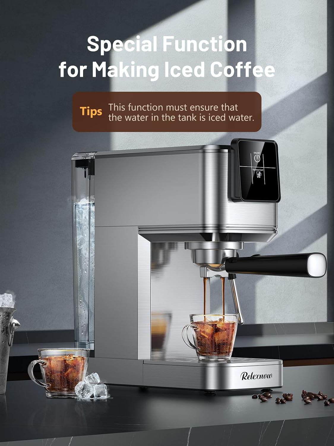 RELEXNOW Espresso Machine, 20 Bar Espresso Maker Milk Frother & LCD Panel, Hot & Iced with Rapid Cold Brew, Stainless Steel Espresso Coffee Machine with 41oz Water Tank for Cappuccino, Latte
