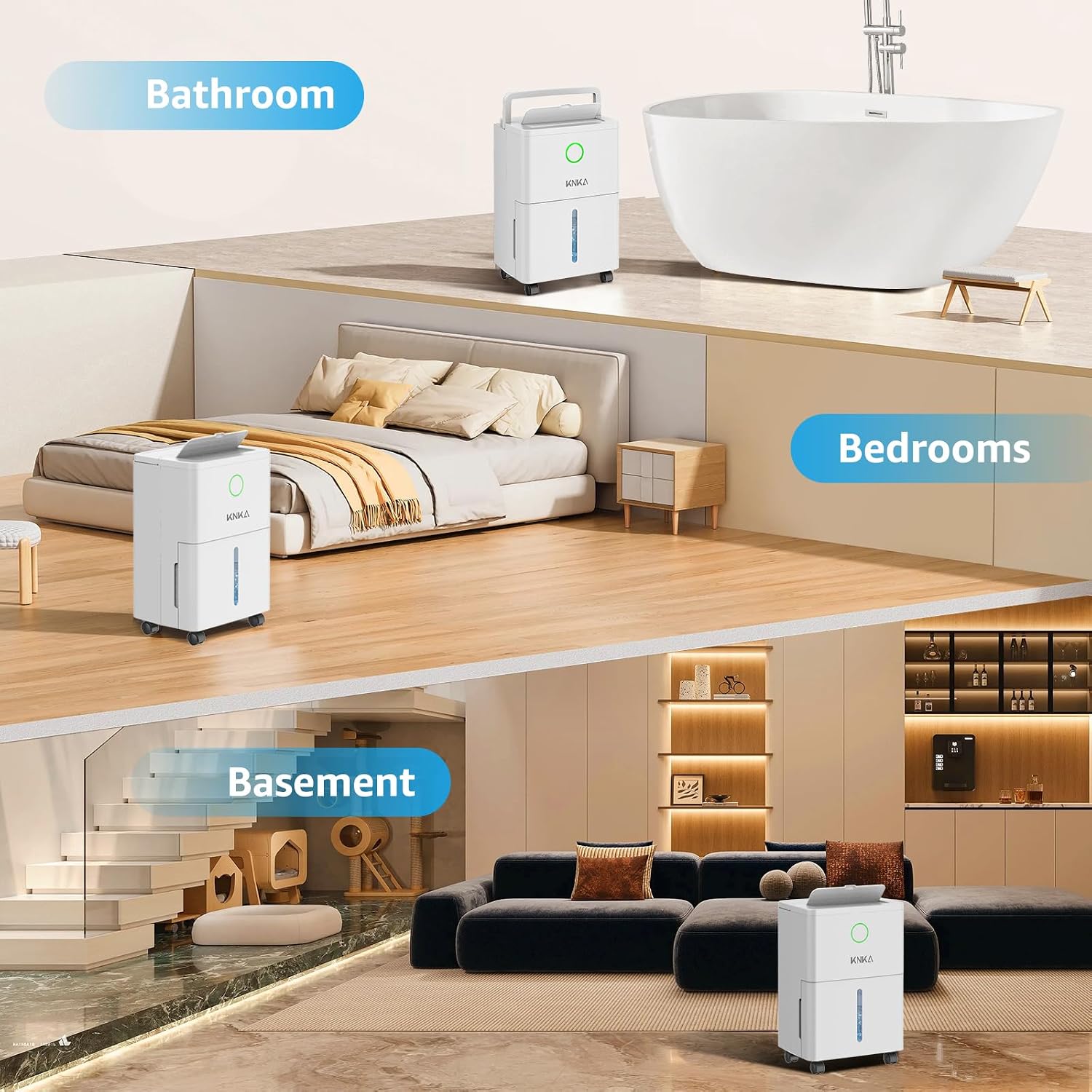 KNKA 19 Pint Quiet Dehumidifier with Drain Hose, 1300 Sq.ft Dehumidifiers for Home, Smart Humidity Control & Display, 24H Timer, Washable Filter, Idea for Bathroom Basement Bedroom RV Large Room