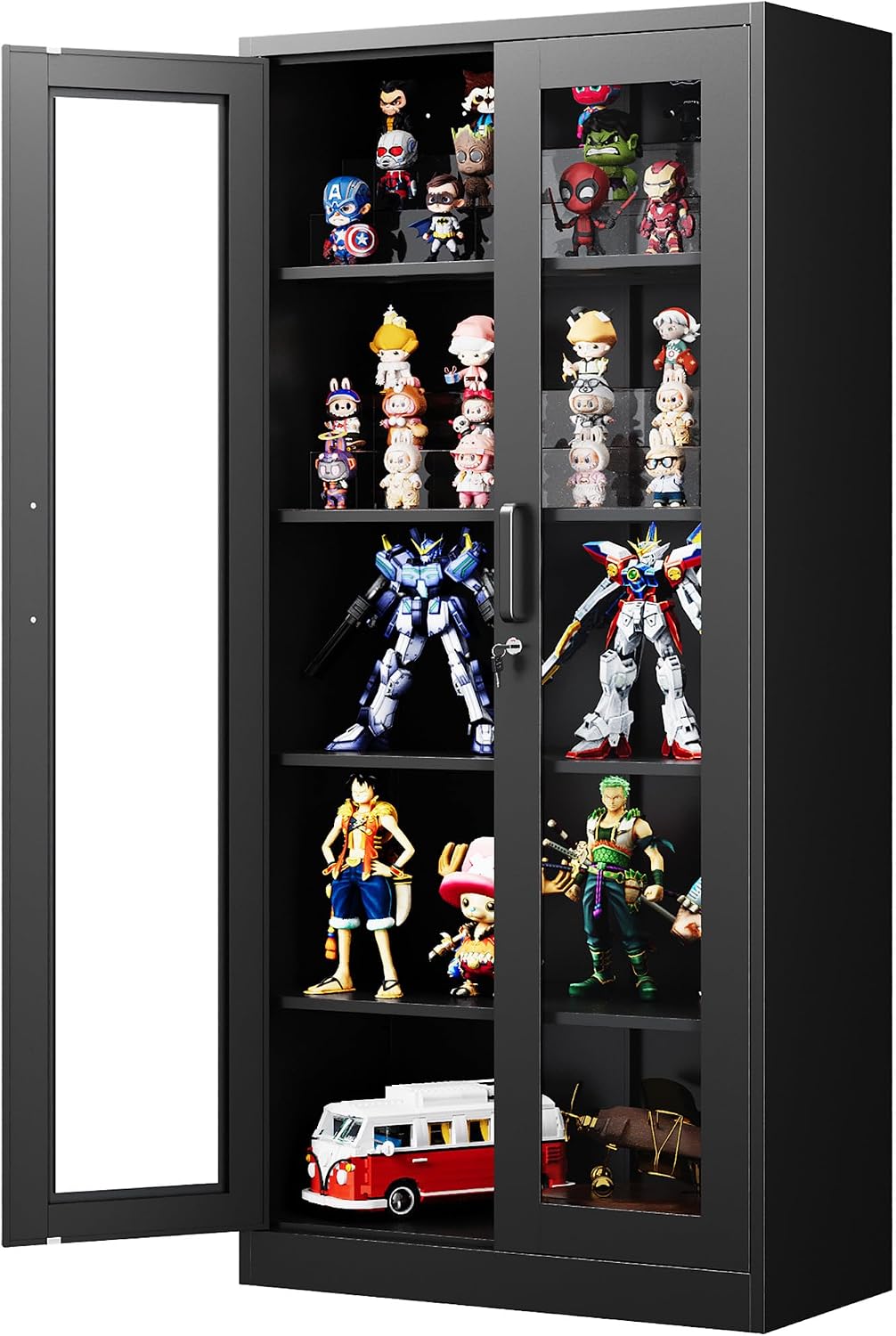 PEUKC Display Cabinet with Glass Doors, 71 Inches Metal Display Case with 4 Adjustable Shelves, Curio Storage Cabinet with Lock for Home, Office, Book, Pantry, Assemble Required (Black)