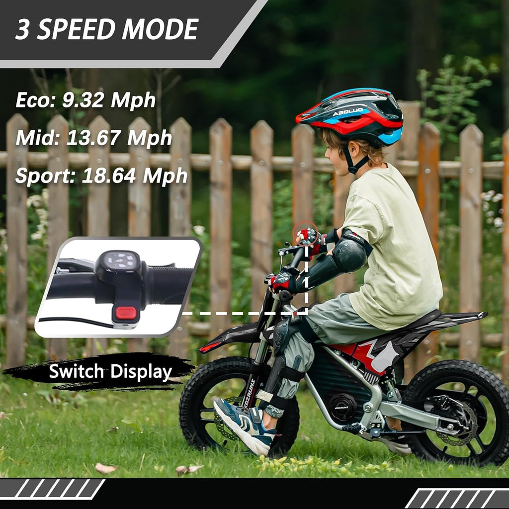 OLALA 36V Electric Dirt Bike for Kids 4-8, 350W Brushless Motor with 3-Speed Control, 18.6 MPH Max Speed, 14' Off-Road Tires Motorcycle, for Boys & Girls, Black