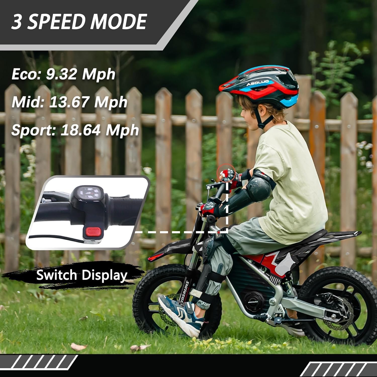 OLALA 36V Electric Dirt Bike for Kids 4-8, 350W Brushless Motor with 3-Speed Control, 18.6 MPH Max Speed, 14' Off-Road Tires Motorcycle, for Boys & Girls, Black