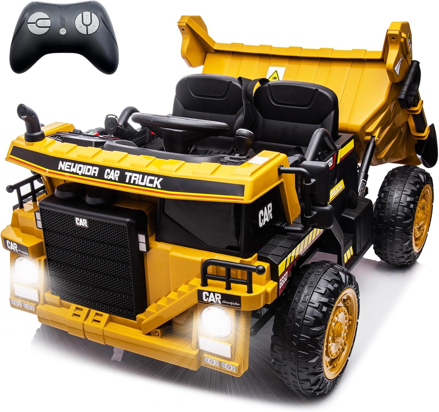 NEWQIDA Ride on Dump Truck, 12V Kids Electric Car with Remote Control for Toddlers Ride on Construction Vehicles with Electric Dump Bed/Shovel, 19' Spacious Seat, Soft Start, Music, Bluetooth, Yellow