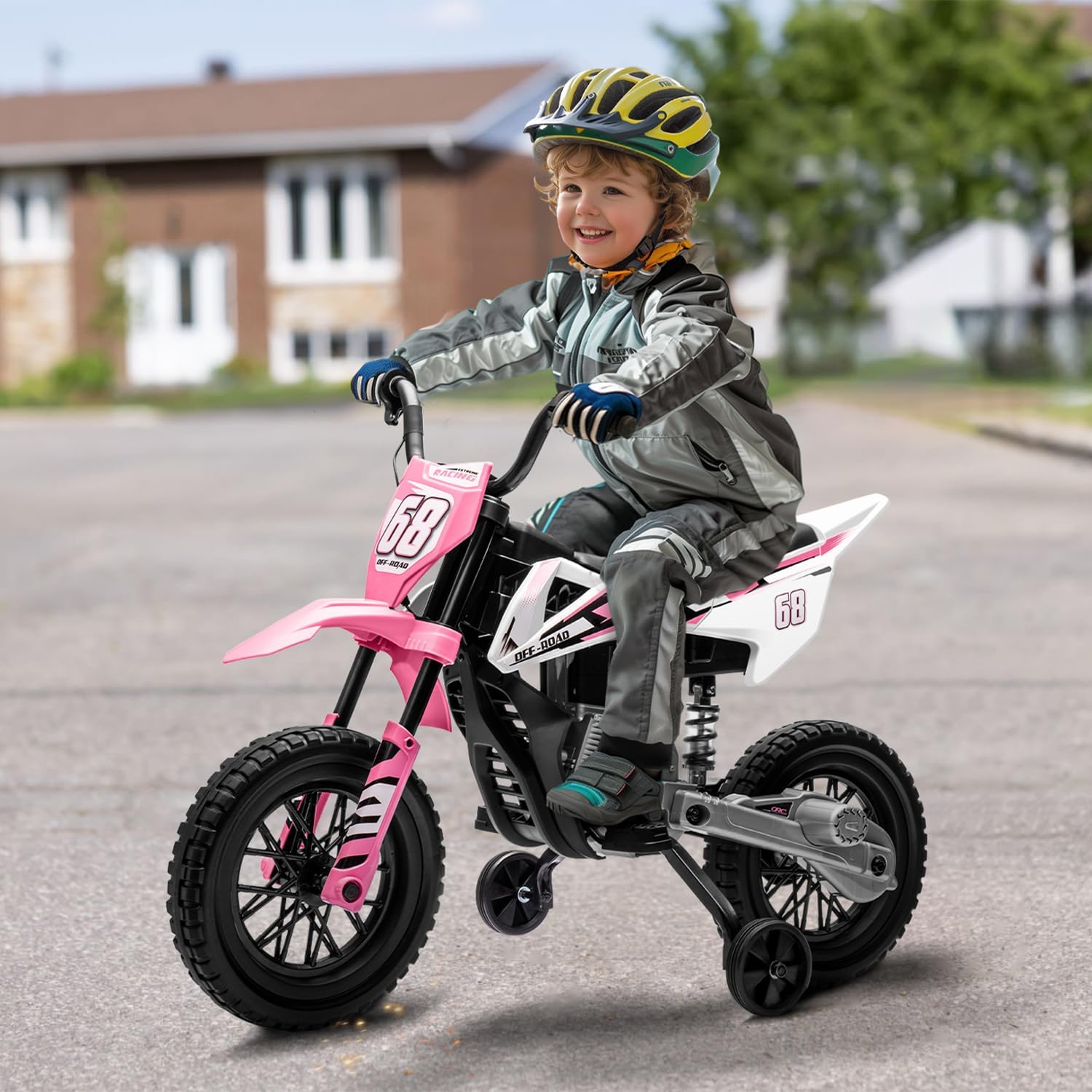 12V Kids Motorcycle w/Treaded Tires, 3.1mph Top Speed, Kids Motorcycle w/Training Wheels, Music, Spring Suspension, Ideal for Toddlers 3-6 Years Old, Pink