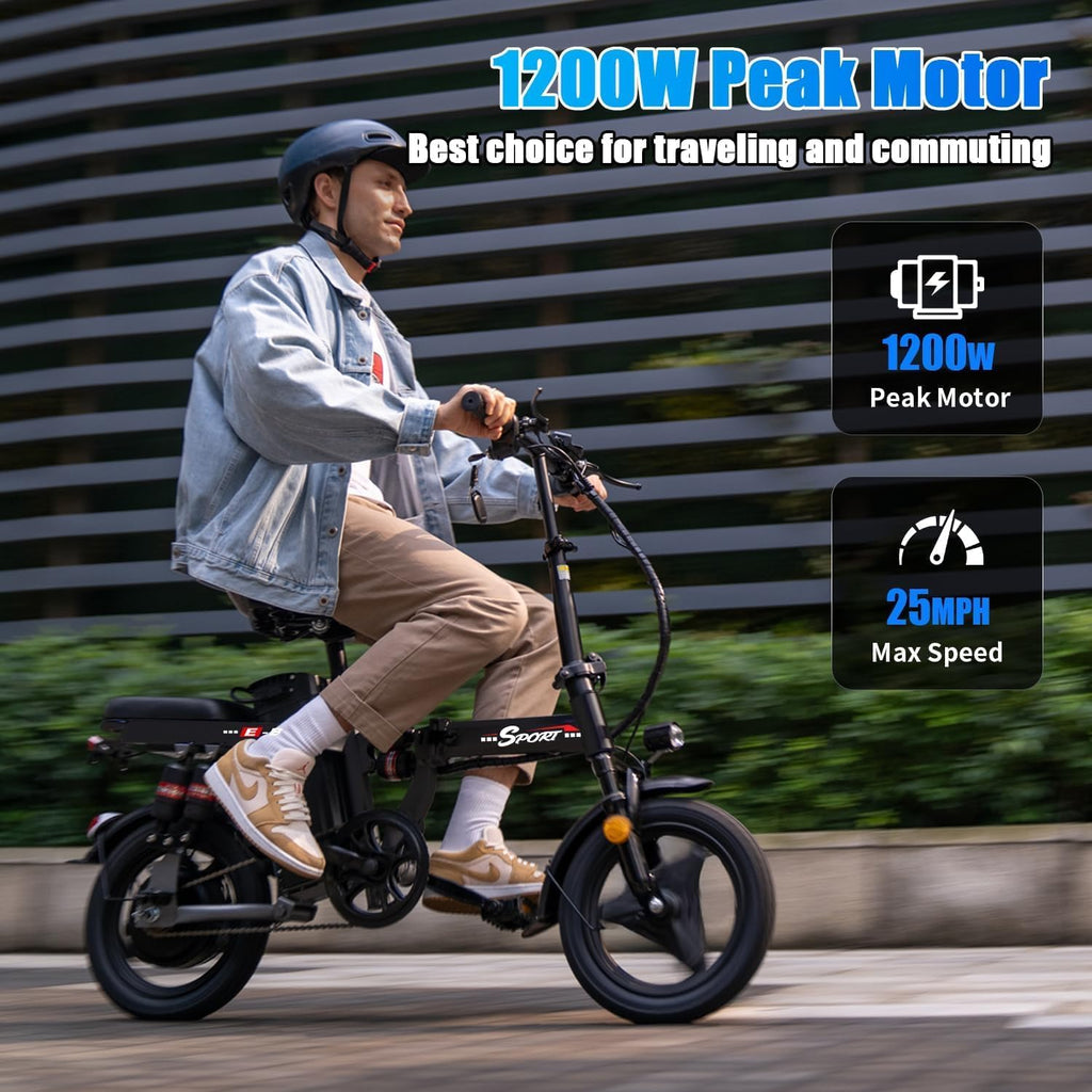 ASKGO Electric Bike for Adults Teens, 800/1200W Peak Folding Ebike, 22/25MPH & 30/45 Miles Range, Dual Suspension & Dual Brake, 3-Speed Modes, 14' Portable Electric Mini Bike, Commuting Ebike