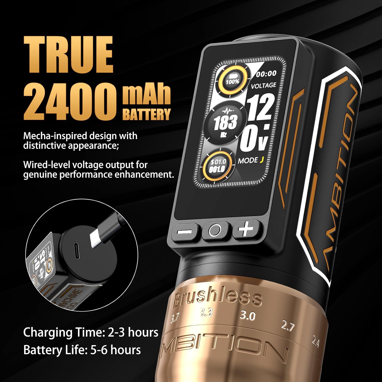 Ambition Rotary Tattoo Gun, Ninja Max 280 Wireless Tattoo Pen Machine with 280 g.cm Torque Brushless Motor, 7 Adjustable Stroke 2.4-4.5mm, 2400mAh Battery 54mm & 34mm Grips Tattoo Supply