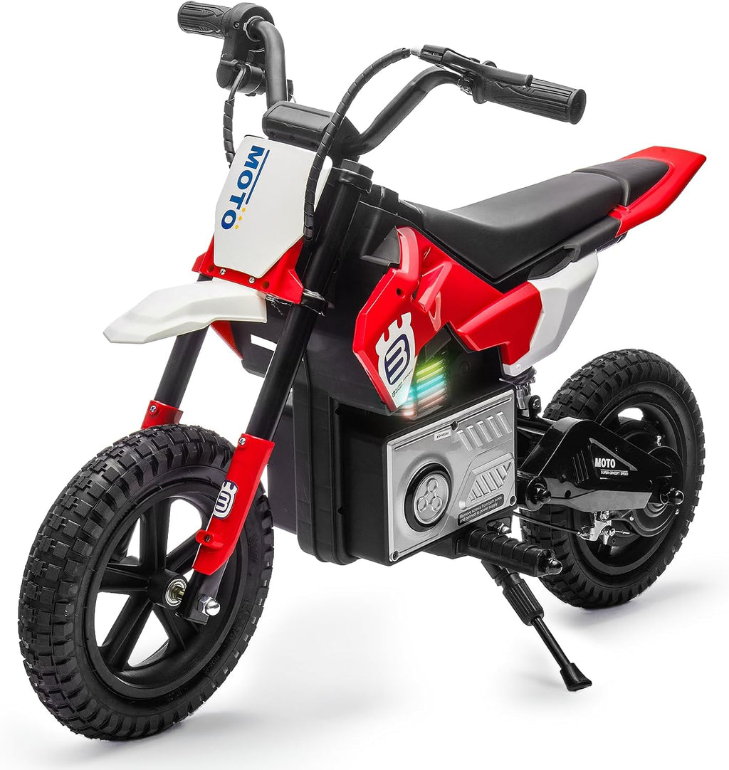 Blitzshark 24V Electric Dirt Bike for Kids，200W Motor Electric Motorcycle Aged 5-12, Electric Motorbike for Kids, Adjustable Speed, LED Breath lamp,Bluetooth,Music,Horn,Speeds 3-9MPH, Red