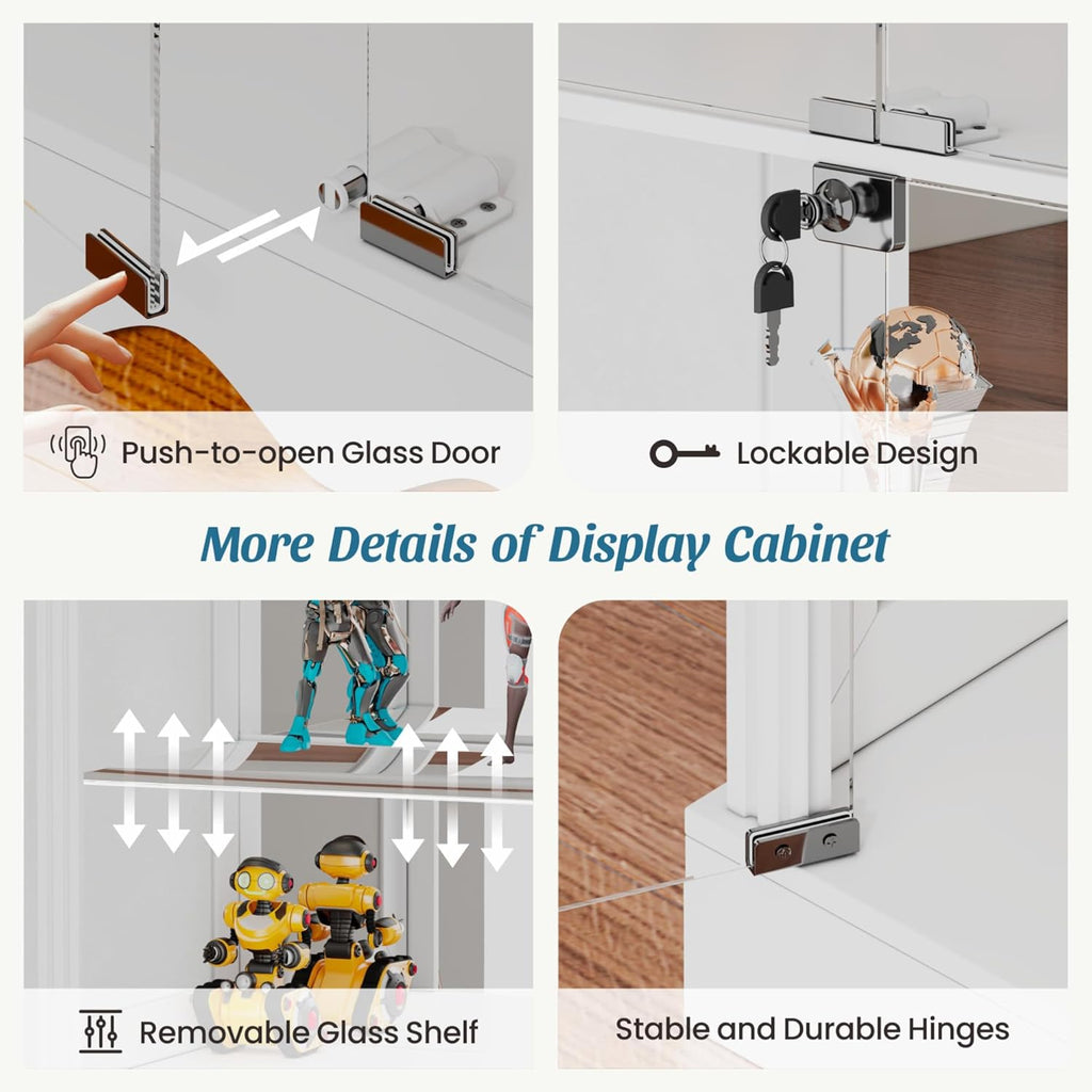 Dystler Display Cabinet with Glass Doors, 71'' Tall Curio Cabinet with RGB Lights for Collectibles, LED Display Case with Removable Shelf for Book/Medal/Figure, White