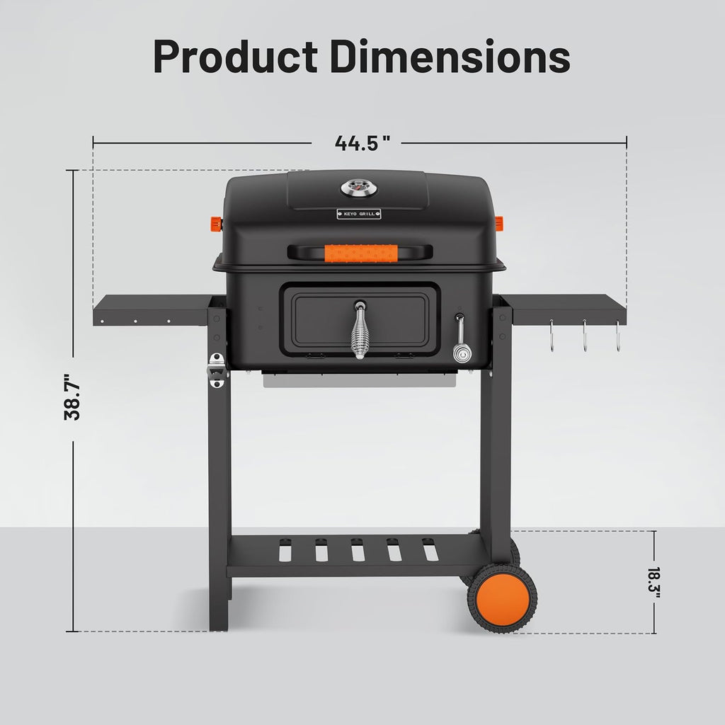 KEYO GRILL 24-Inch Barrel Charcoal Grill, Dual Venting System Outdoor BBQ Grill with Height Adjustable Charcoal Pan, Foldable Side Tables Outdoor Large Barbecue Grills for Backyard and Camping.