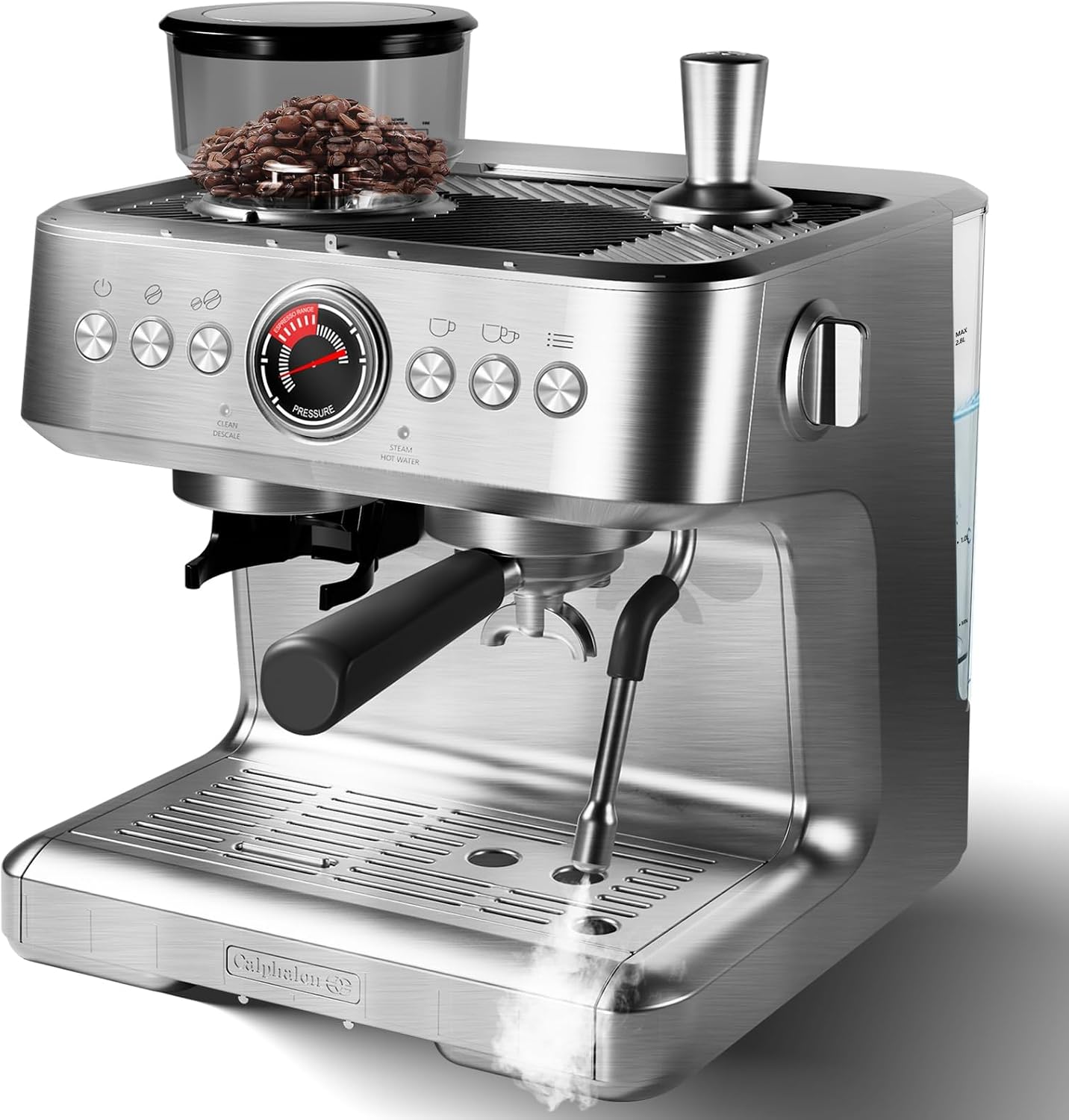 20 Bar Espresso Machine with Grinder & Milk Frother Steam Wand, 96 oz Removable Water Tank, Expresso Coffee Machines Commercial Espresso Maker for Home or Café, latte, Cappuccino - Stainless Steel