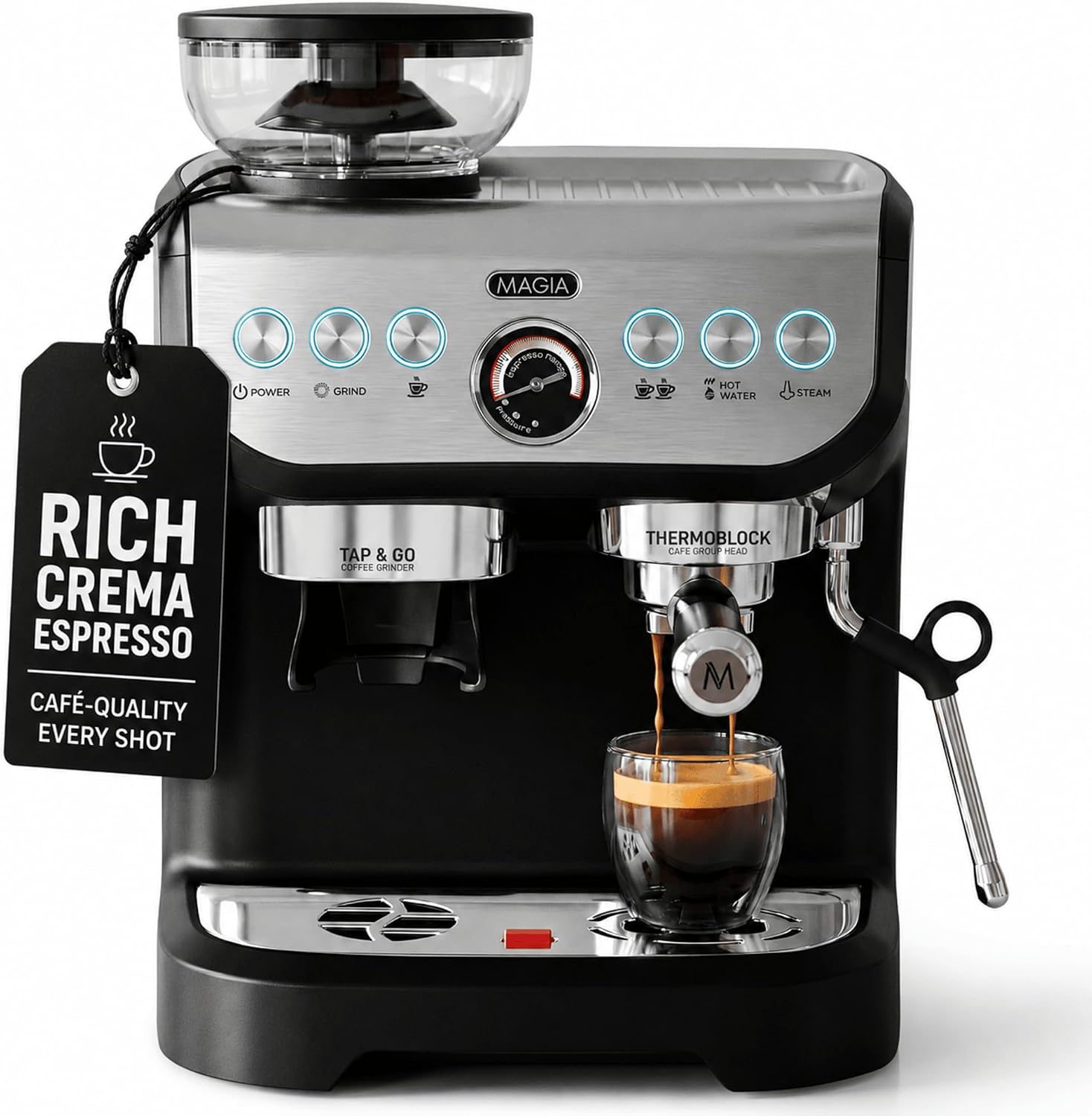 Zulay Kitchen Magia Manual Espresso Machine with Built-In Grinder & Steam Wand – 15 Bar Pressure Espresso Maker, 2L Removable Water Tank, Milk Frother, Complete Home Barista Set, Black & Silver