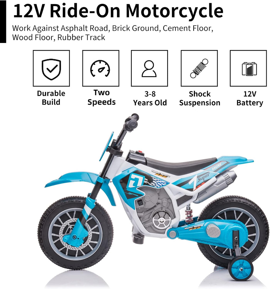 12V Battery Powered Motorcycle for Kids Electric Dirt Bike for Toddler Ride On Toys for Kids w/ 2 Speeds Training Wheels Music and Shock Absorber, Blue