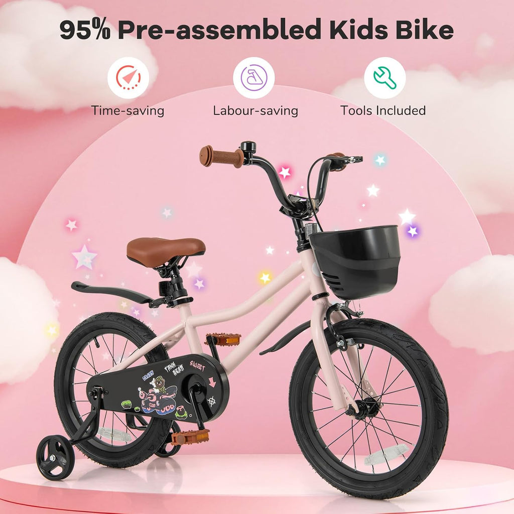 BABY JOY Kids Bike, 12' 14' 16' 18' Tank Bear DIY Children's Bicycle with Training Wheels, Storage Basket, Adjustable Handlebar & Seat, Handbrake & Coaster Brake, Girls Boys Bike