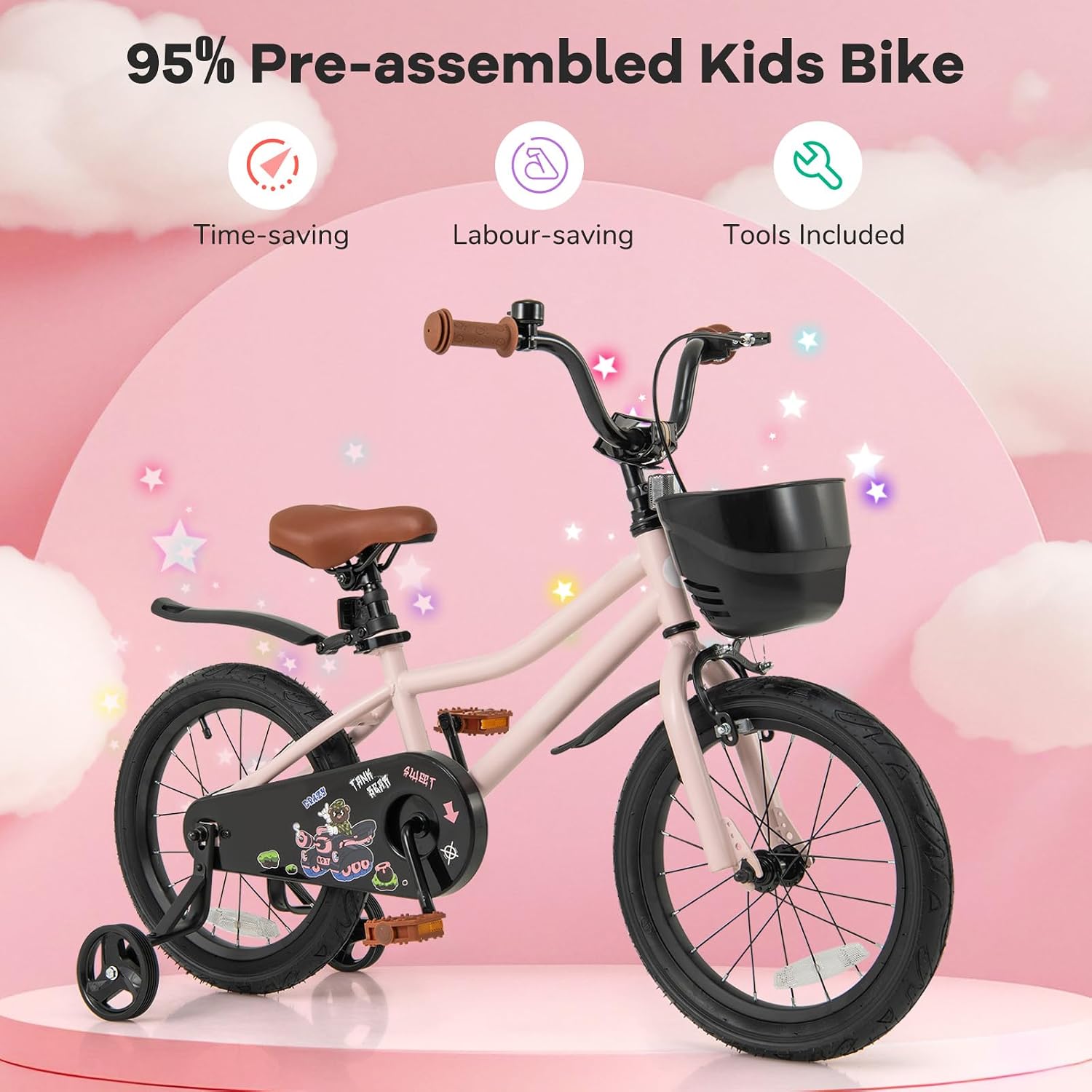 BABY JOY Kids Bike, 12' 14' 16' 18' Tank Bear DIY Children's Bicycle with Training Wheels, Storage Basket, Adjustable Handlebar & Seat, Handbrake & Coaster Brake, Girls Boys Bike