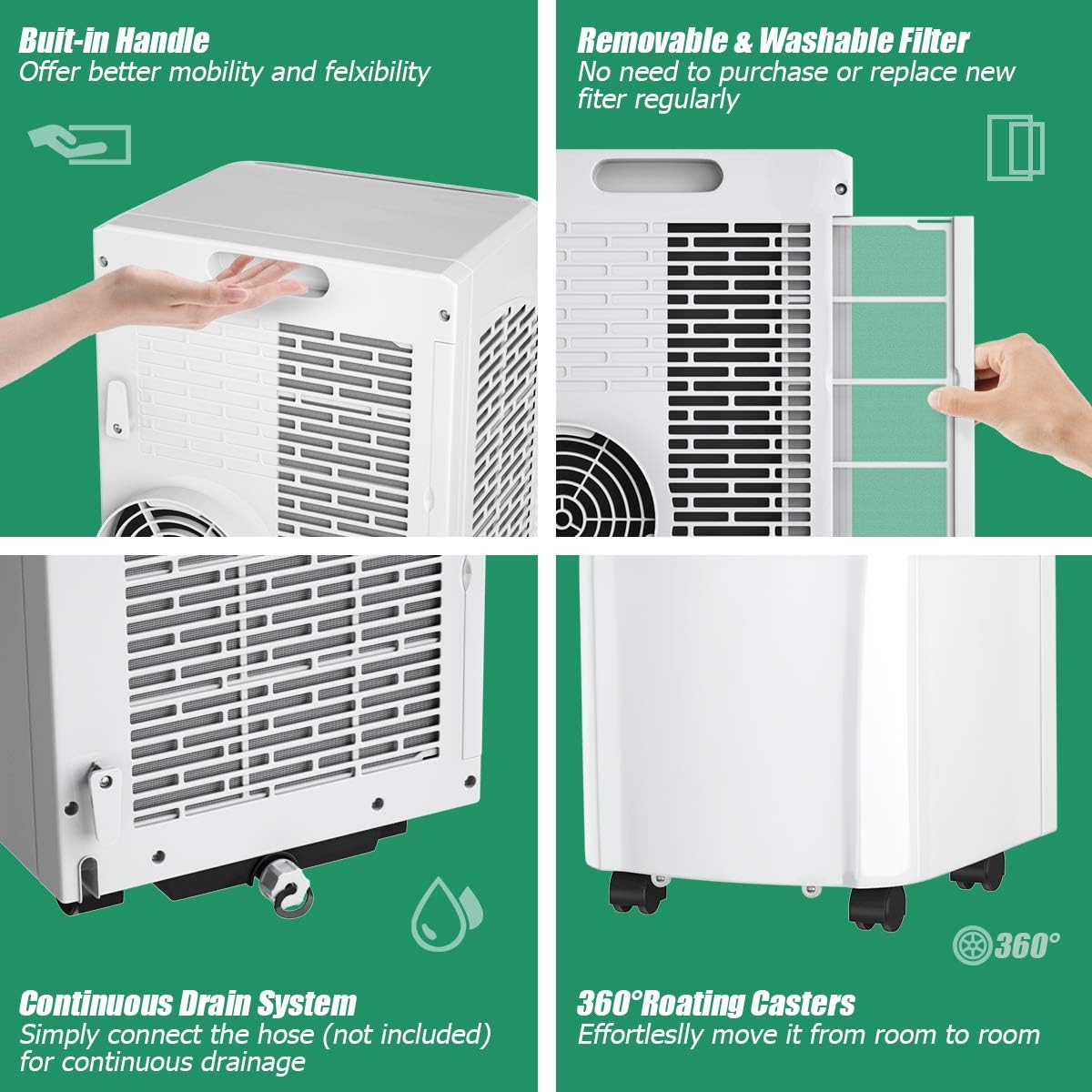 COSTWAY 8000 BTU Portable Air Conditioner, 3-in-1 Air Cooler w/Built-in Dehumidifier, Fan Mode, Sleep Mode, Remote Control& LED Display, Rooms Up to 230+ Sq. ft, for Home Office (White)