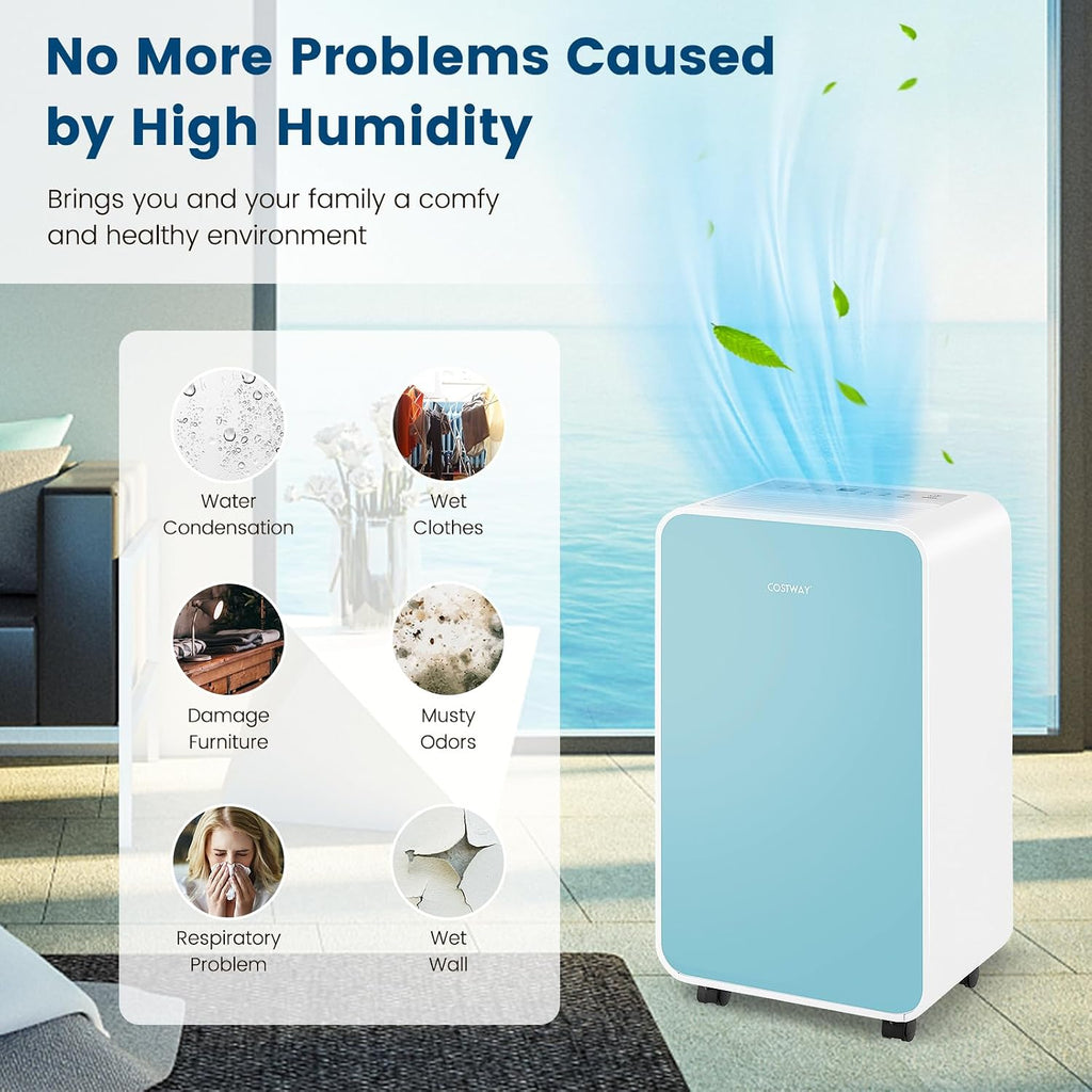 COSTWAY 2500 Sq. Ft Dehumidifier for Basement, 32 Pints Portable Quiet Dehumidifier for Bedroom Bathroom with Sleep Mode, 24H Timer, Auto Shut Off, Auto Defrost & Drain Hose (Navy)