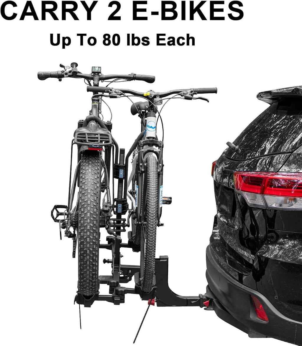 WEIZE 2 E Bike Rack Hitch Mounted, Wobble Free Smart Tilting Folding 2 Bicycle Electric Bike Racks with Lock, 2' Hitch Fits Up to 160 lbs Capacity with Up to 5.5' Fat Tires for Car, SUV, Trucks