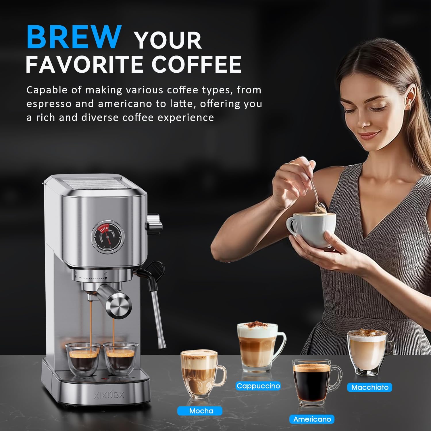 XIXUBX 20Bar Espresso Machine, Compact Espresso Maker with Milk Frother, Stainless Steel Coffee Machine for Cappuccino&Latte, 42oz Water Tank, Visible Pressure Gauge, Home&Office, Silver