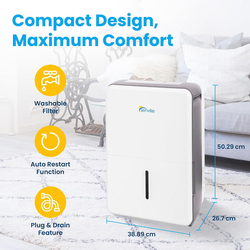 Senville 20 Pint Dehumidifier, Energy Star Certified, Washable Filter, Ideal for Basements, Bedroom, Living Space, Energy Star, Washable Filter, Up to 1,500 Sq. Ft., White