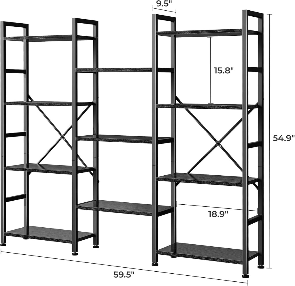 SUPERJARE Triple Bookshelf, Bookcase with 11 Open Display Shelves, Wide Book Shelf Book Case for Home & Office, 4 Tier, Black