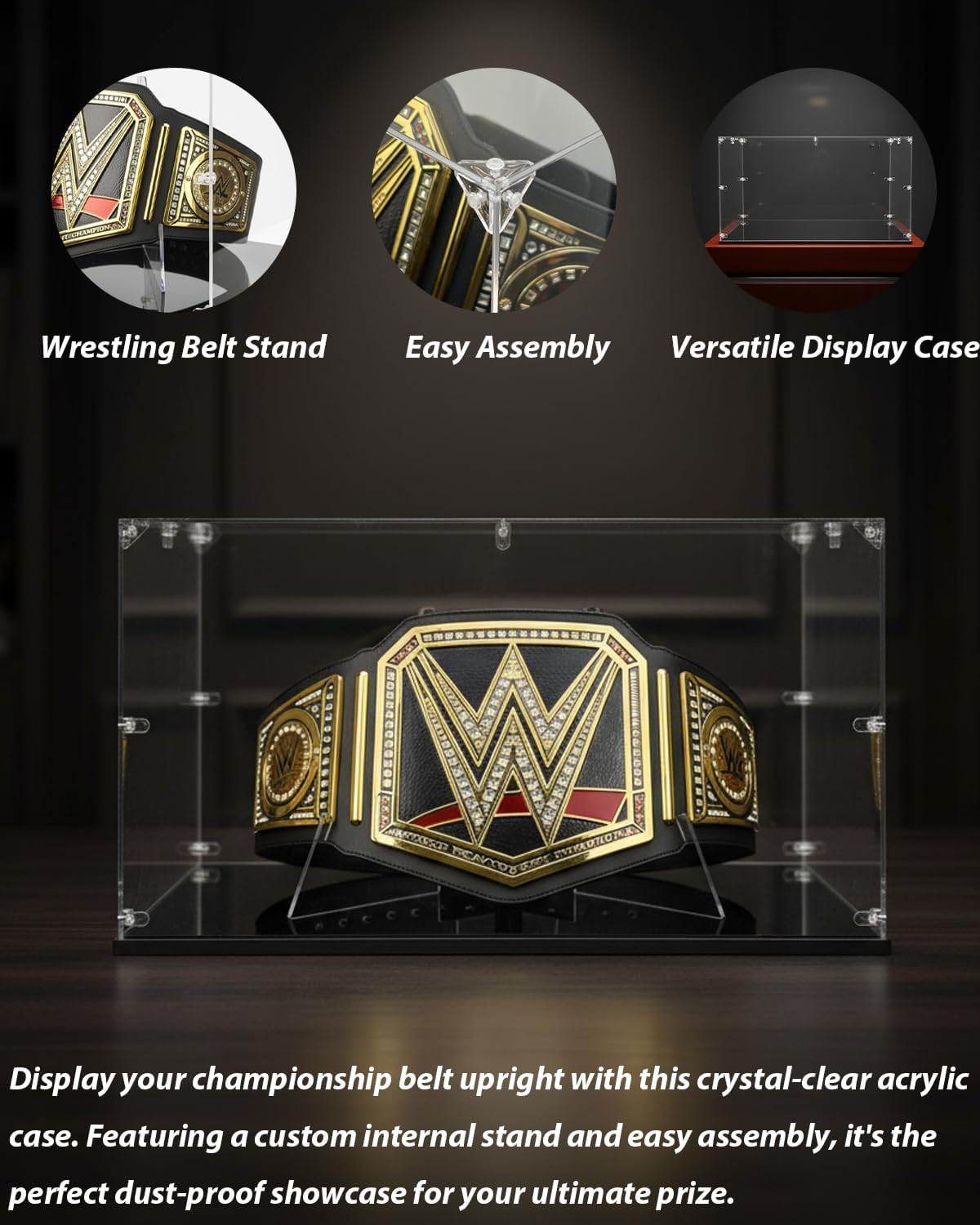Acrylic Championship Belt Display Case – 3mm Clear Acrylic with Built-in Wrestling Belt Stand, Large 21.8' x 15.9' x 13.2' Showcase Box, Durable Corner-Connector Design – Fits Most Championship Belts