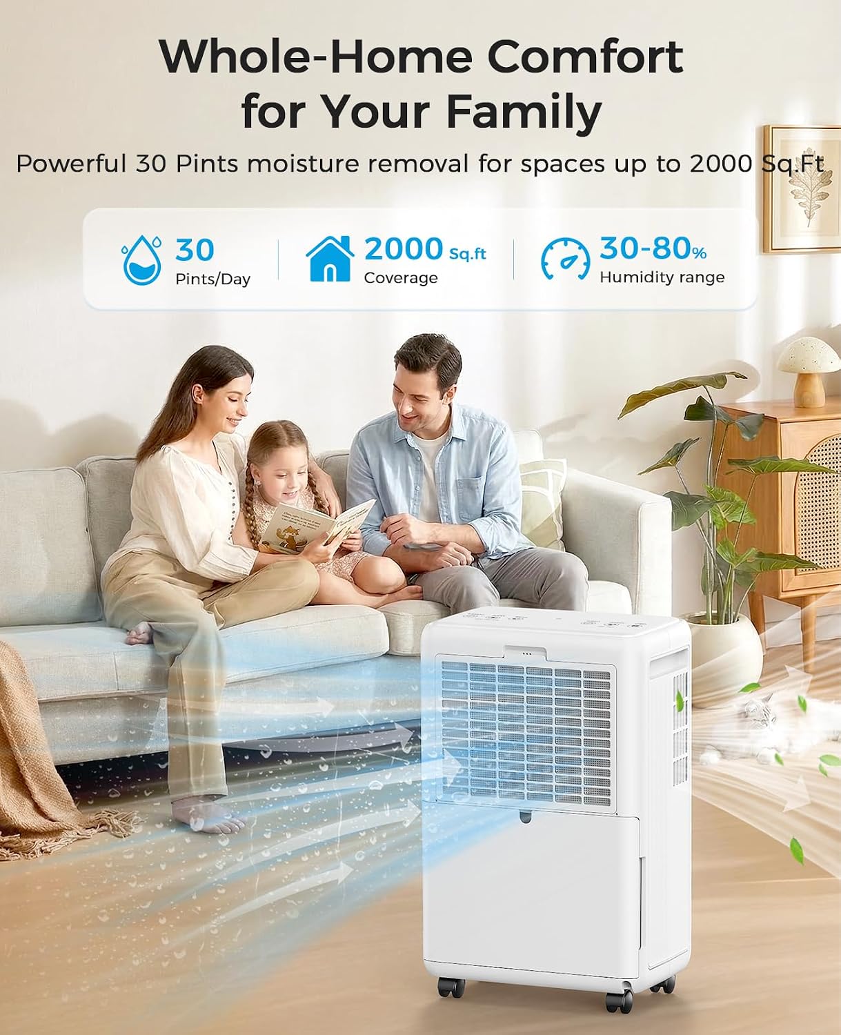 2000 Sq.ft Dehumidifier for Basement, Trazico 30 Pint Dehumidifiers for Home with Drain Hose, Quiet Operation, Intelligent Humidity Control, 3 Modes, 24H Timer, Auto Defrost, for Bathroom Bedroom RV
