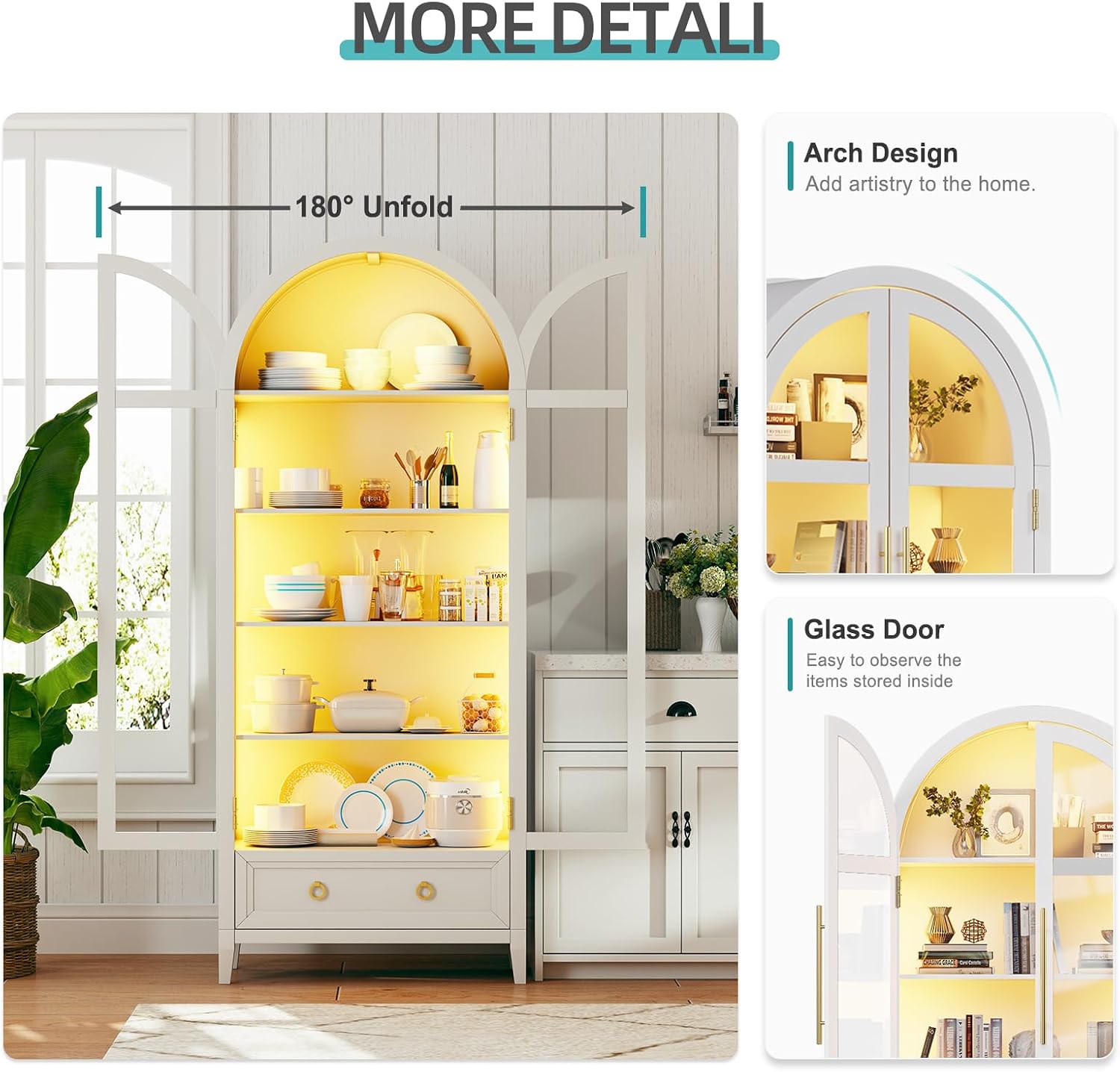 Lvifur 73' Tall Arched Display Cabinet with Glass Doors,4-Tier Curio Cabinets with 3 Color Lights for Collectibles,LED Storage Cabinet with Human Body Sensor,Ajustable Shelf for Toys, Books,White
