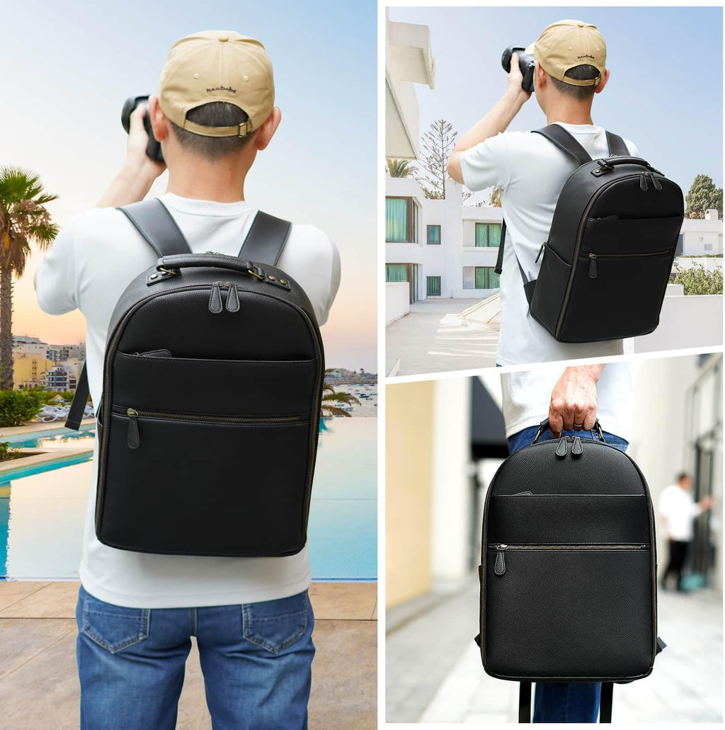 Camera Backpack Classic PU Leather with 15 Inch Laptop Compartment, Professional Camera Bag for Photographers for DSLR Large 20L Black