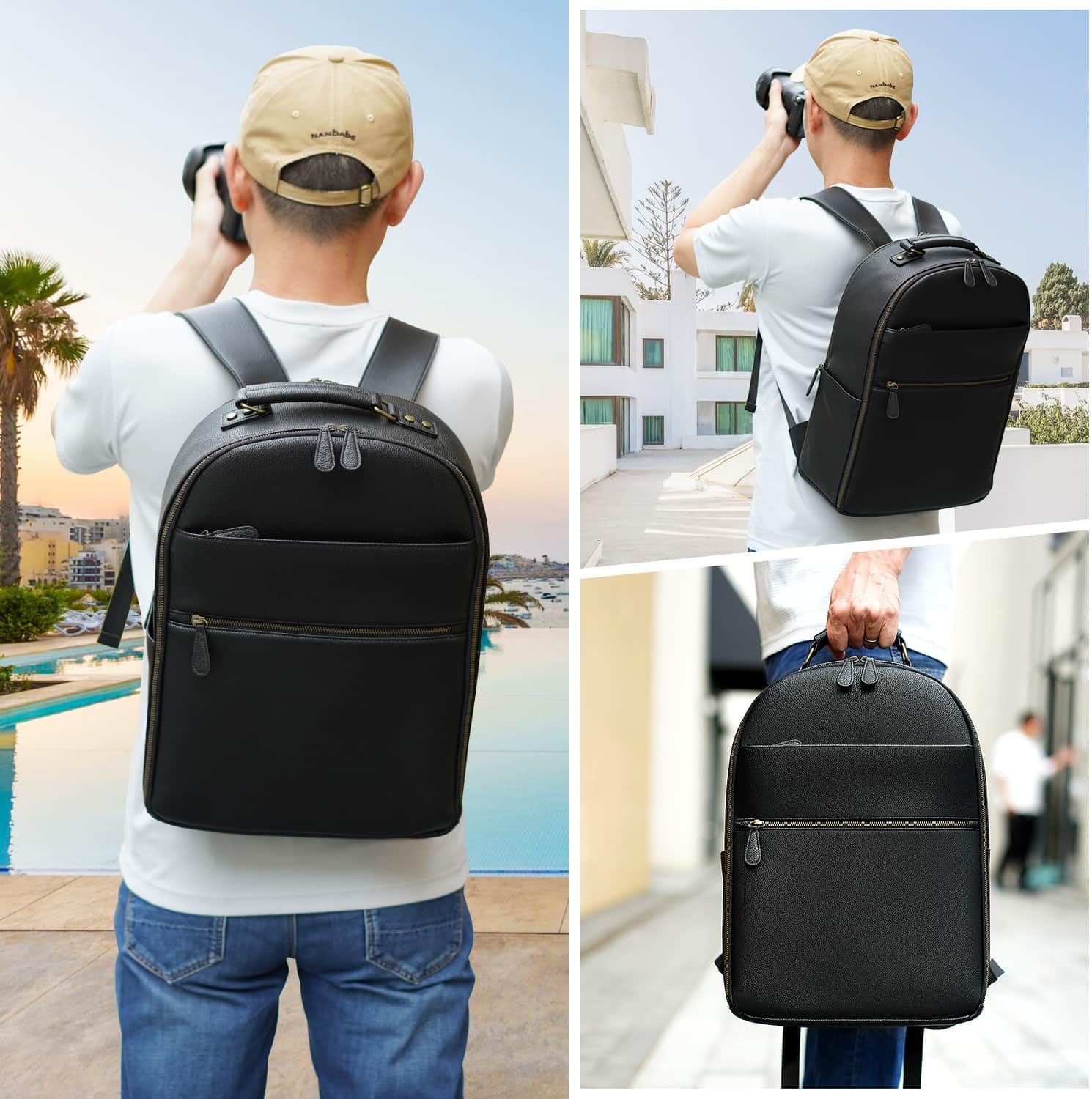 Camera Backpack Classic PU Leather with 15 Inch Laptop Compartment, Professional Camera Bag for Photographers for DSLR Large 20L Black