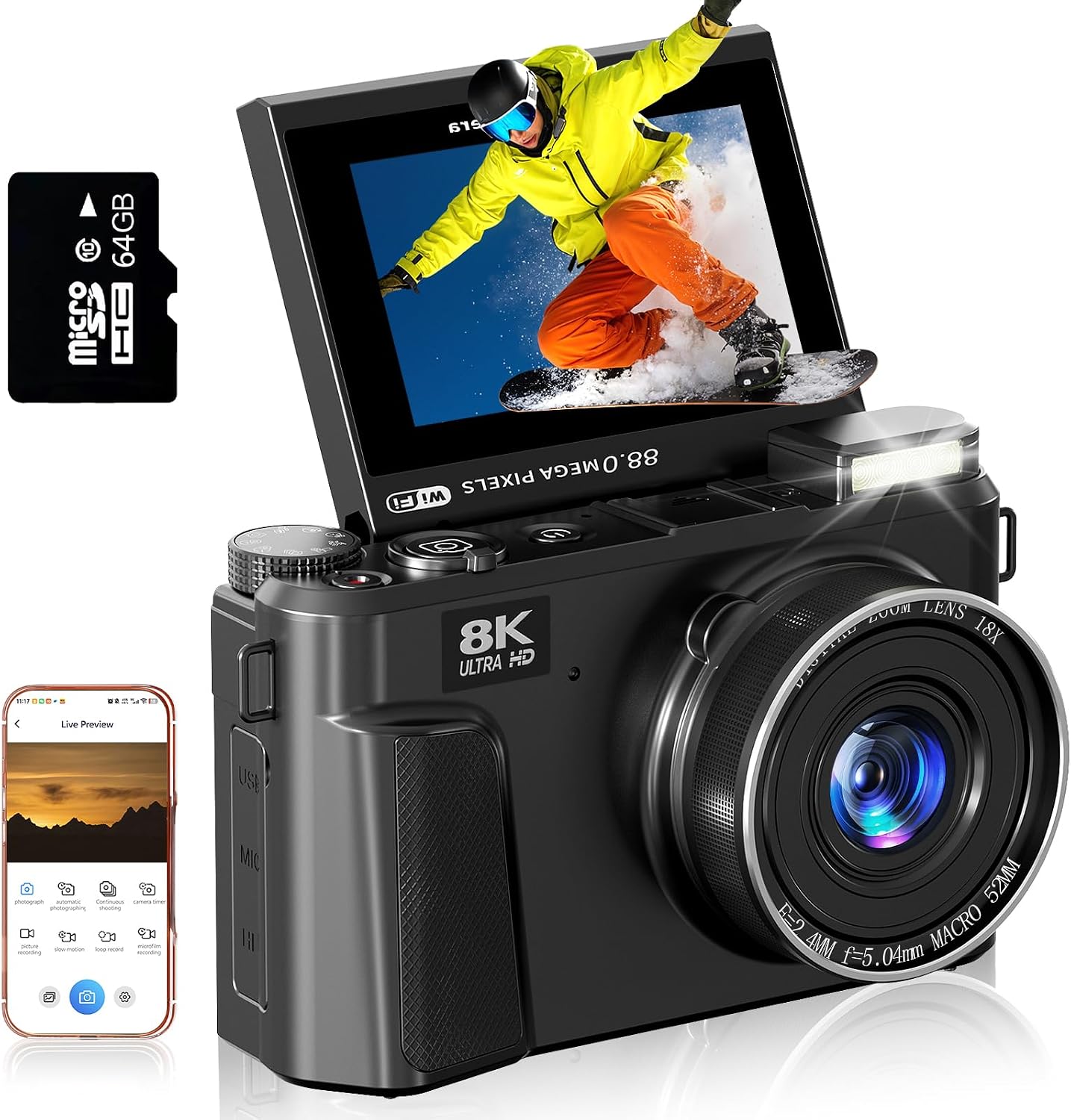 8K Digital Camera for Photography - 88MP Autofocus Vlogging Camera for YouTube with 64GB SD Card, WiFi, 18X Zoom 3' 180° Flip Screen Compact Travel Camera with 2 Batteries for Teens and Beginner