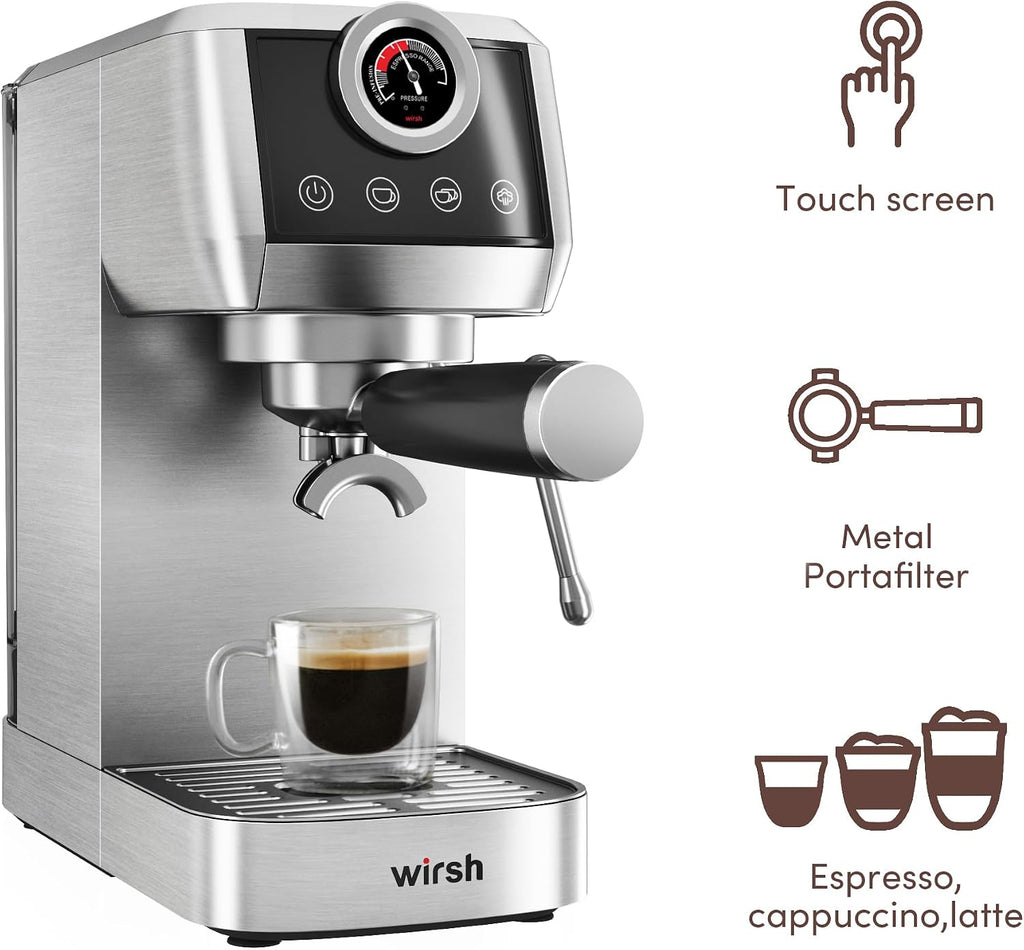 wirsh Espresso Machine, 20 Bar Semi-Automatic Espresso Maker with Pressure Gauge, Steam Wand, Stainless Steel Expresso Coffee Machine for Espresso/Latte/Cappuccino, Touch Screen,Home Barista Plus