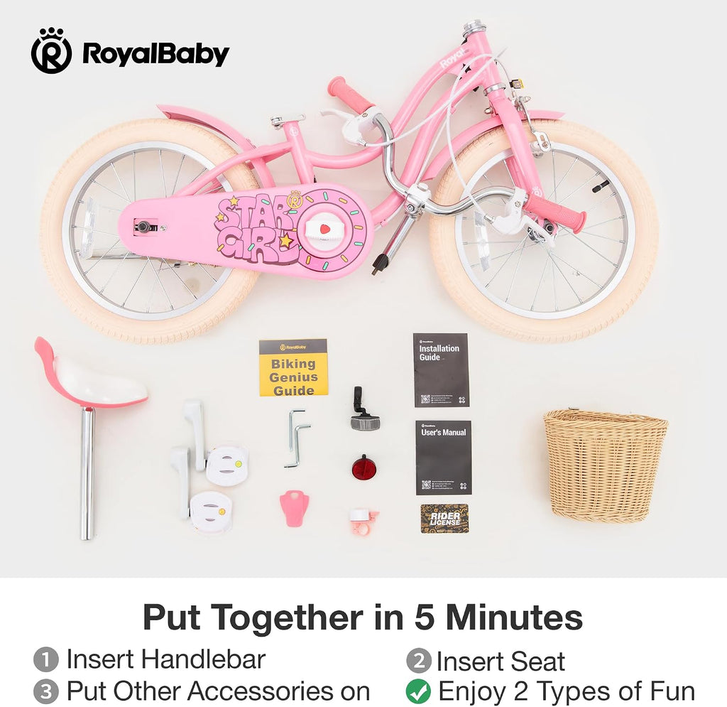 RoyalBaby Girls Bike, Stargirl EZ Kids Bike Balance and Pedal Bicycle with Basket and Dual Handbrake, 12 14 16 18 Inch Toddlers to Big Kids 3-8 Years, Multiple Colors