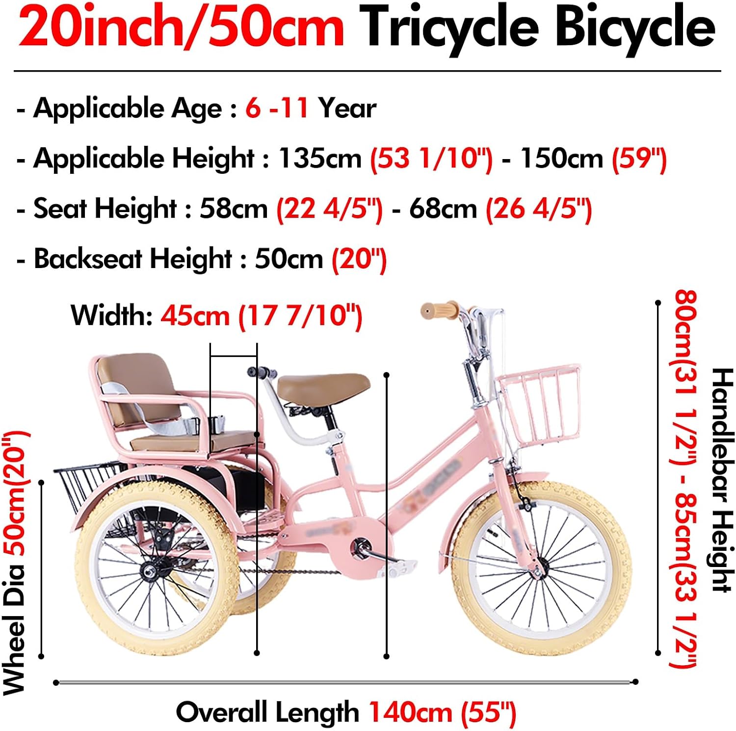 SRNSAEB Pink Gray Green Yellow 3-Wheel Bikes Carrying Passengers, Three Wheel Cruiser Bike Two-Seater Children Tricycle, Double Twins Toy Bicycle with Adjustable Height Seats & Handle(Pink,20in)