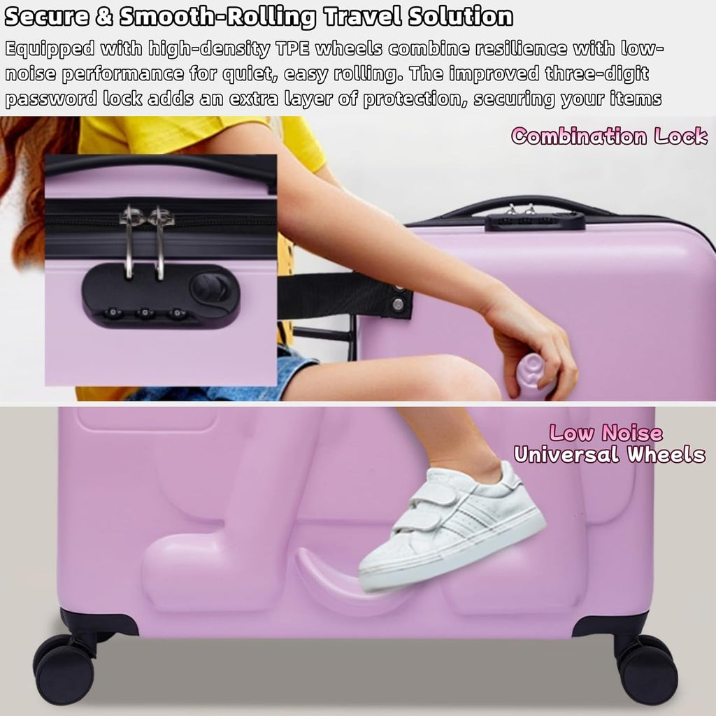 Ride on Kids Luggage, 24' Carry-on Suitcase with Double-row Universal Wheels Portable Rolling Luggage with Password Lock Unisex Riding Suitcase for Ages 4-12, Pink