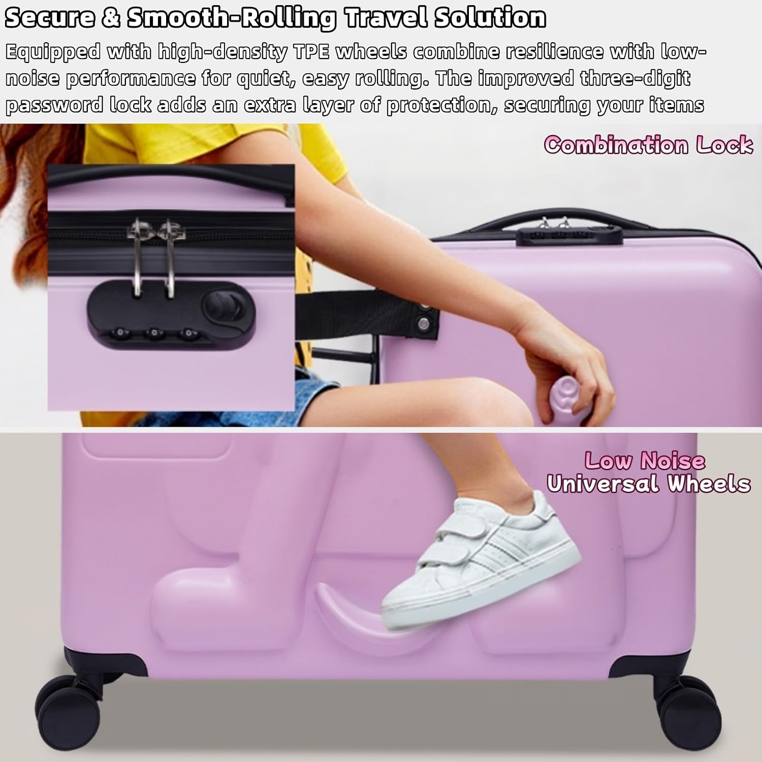 Ride on Kids Luggage, 24' Carry-on Suitcase with Double-row Universal Wheels Portable Rolling Luggage with Password Lock Unisex Riding Suitcase for Ages 4-12, Pink