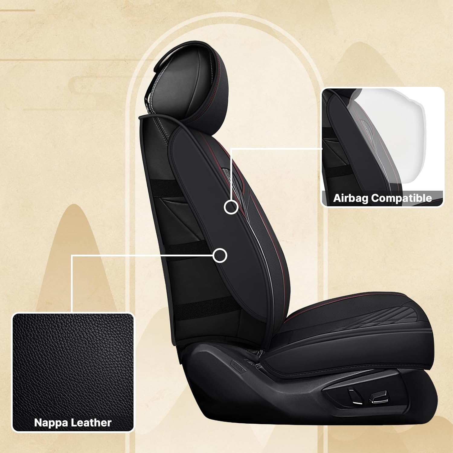 Fit for RAM 1500/2500/3500 2010-2026 Seat Covers, Fashion Sport Seat Cover with Waterproof Leather, Airbag Safe Design Seat Protector (5 Front Seat Standard, Black Red)