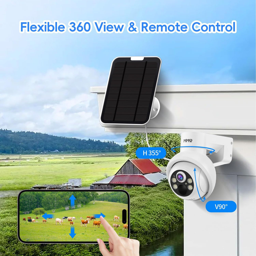 MMQ Solar Security Cameras Outdoor, 4MP PTZ Solar Panel for Security Cameras, Battery Powered Wireless Cameras for Home with 128GB Card, PIR Motion Detection, Color Night Vision, Work with Alexa