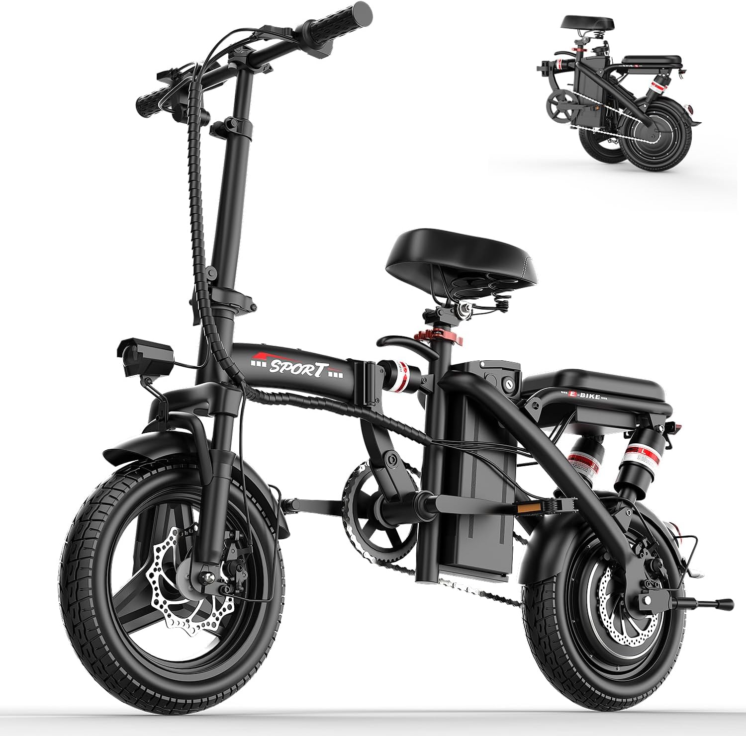 ASKGO Electric Bike for Adults Teens, 800/1200W Peak Folding Ebike, 22/25MPH & 30/45 Miles Range, Dual Suspension & Dual Brake, 3-Speed Modes, 14' Portable Electric Mini Bike, Commuting Ebike