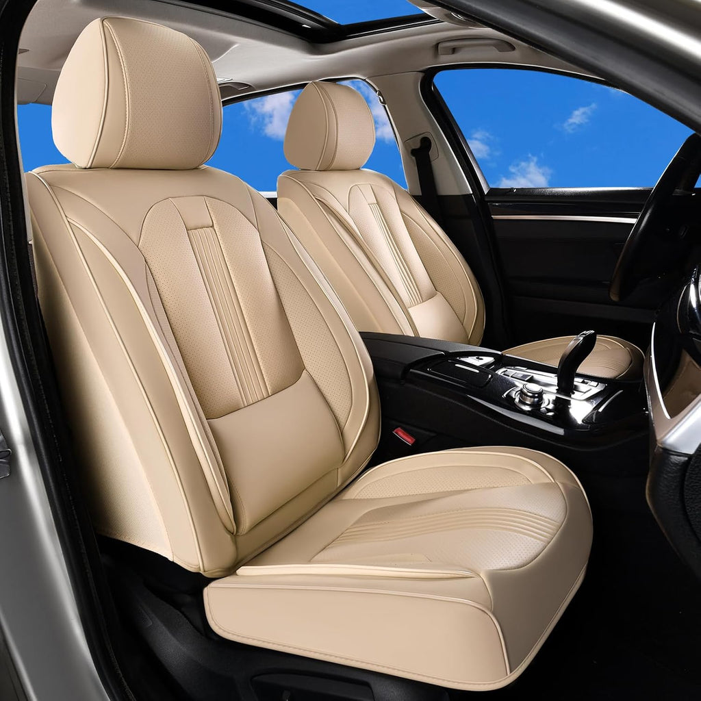Huidasource Beige Front Seat Cover, Nappa Leather Front Car Seat Cover with Lumbar Support, Ventilation Holes, Elastic Fabric, Airbag, Full-Coverage Seat Covers, Fit for Most Cars SUV Trucks, Beige